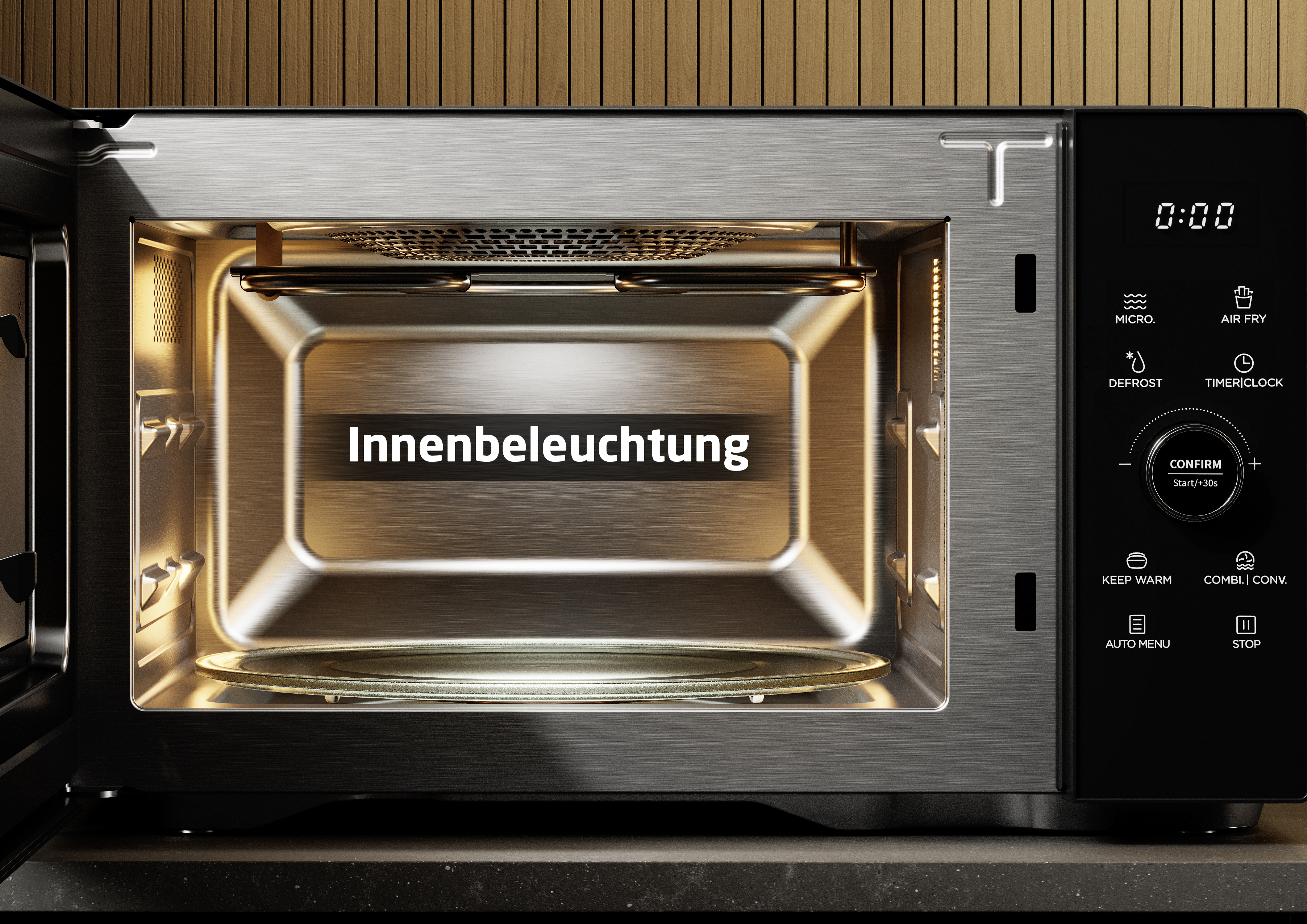 Offene Mikrowelle mit Innenbeleuchtung. Bedienfeld rechts. Hintergrund aus Holzpaneelen.