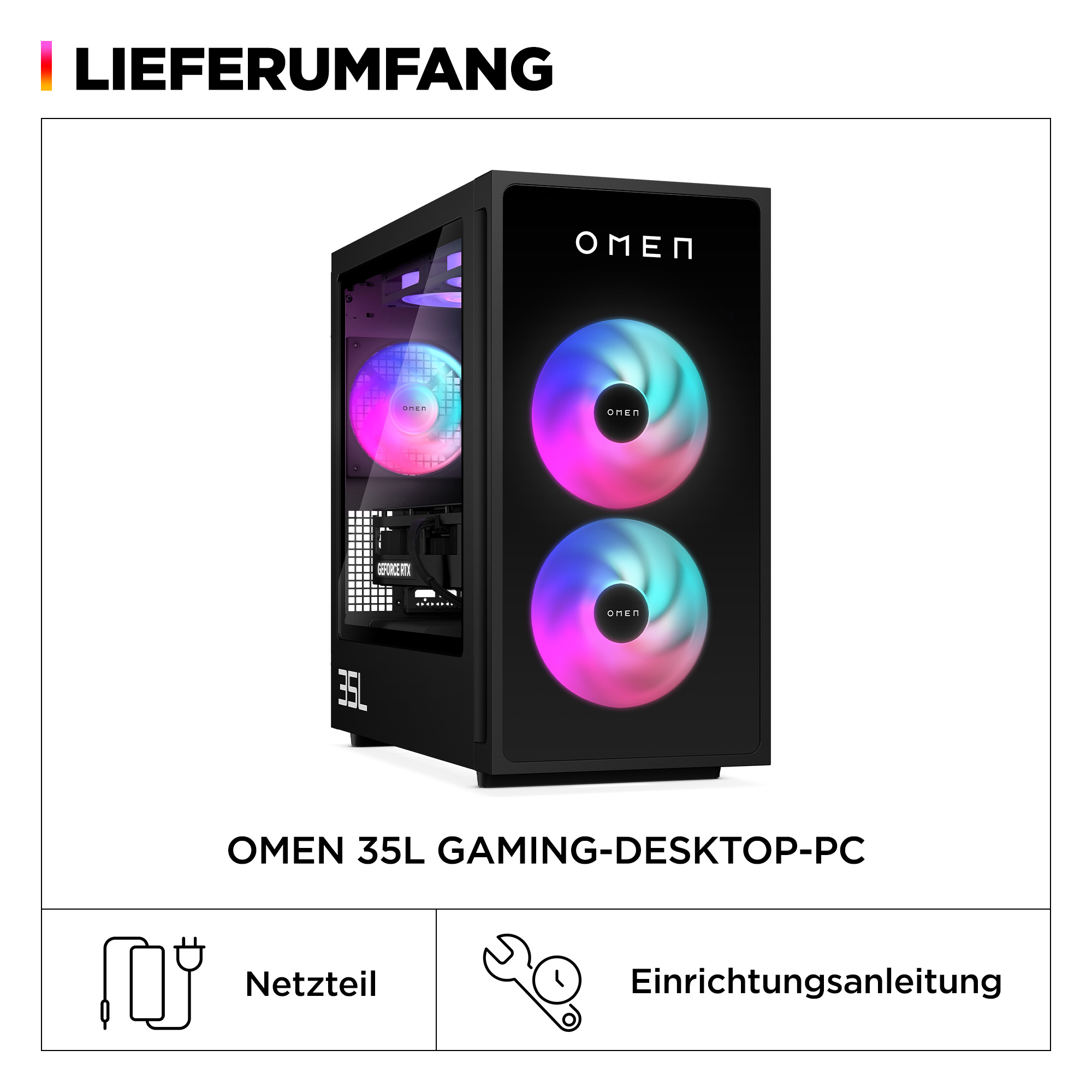 Schwarzer OMEN 35L Gaming-PC. Zwei beleuchtete Lüfter vorne. Enthält Netzteil und Einrichtungsanleitung.