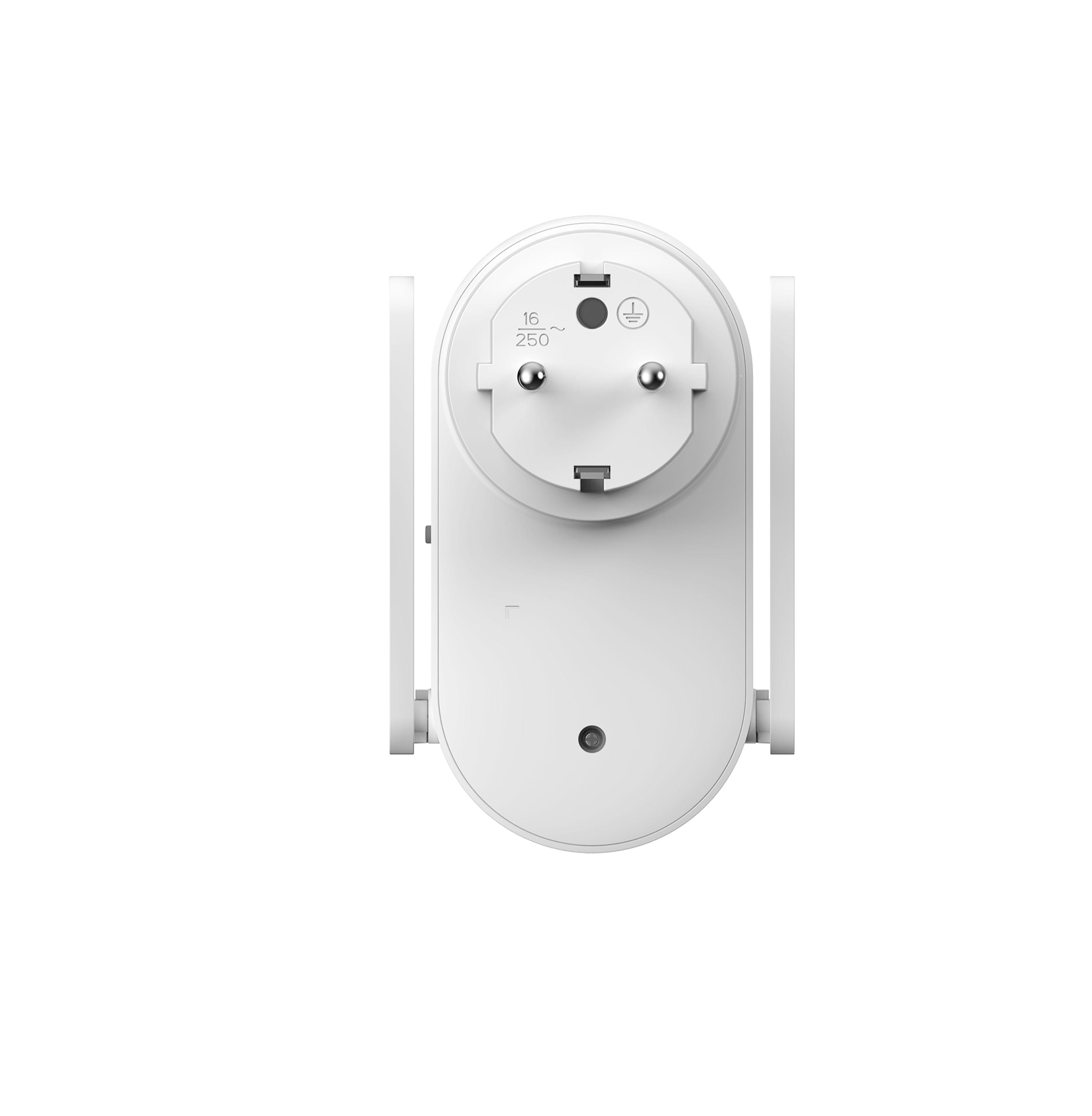 Weißer Netzadapter mit Eurostecker. Er hat zwei Stifte, eine Erdung und Kapazitätsangaben.