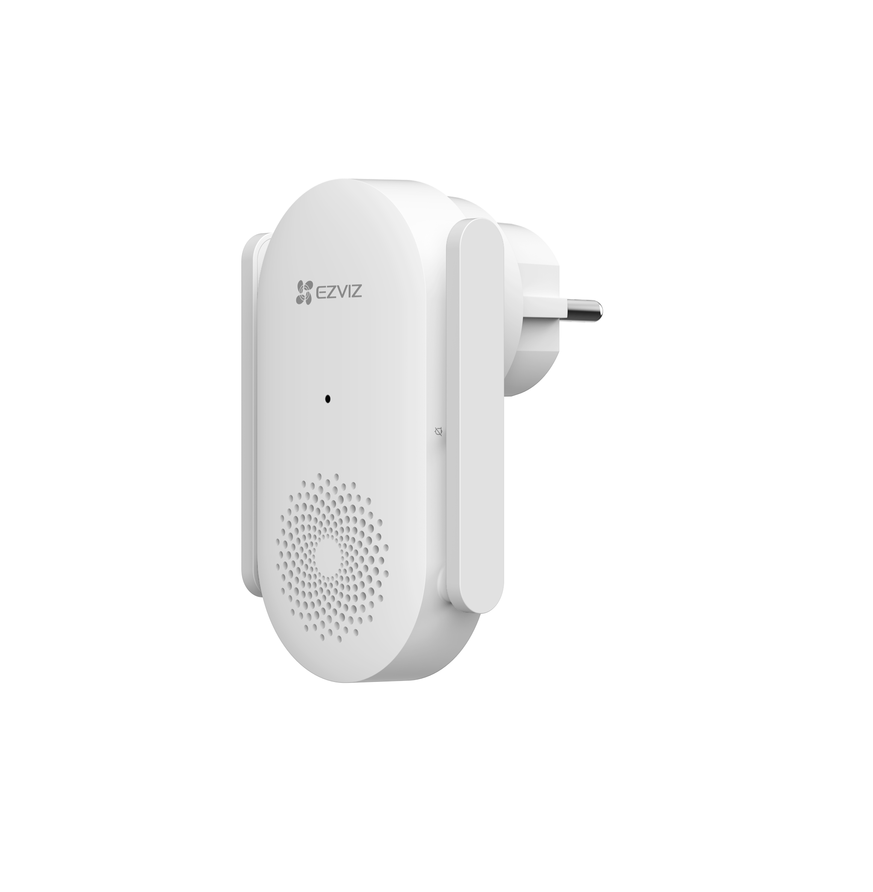 Ein weißer EZVIZ-Smart-Stecker mit Stecker rechts. Er hat ein Lautsprechergitter und das EZVIZ-Logo.