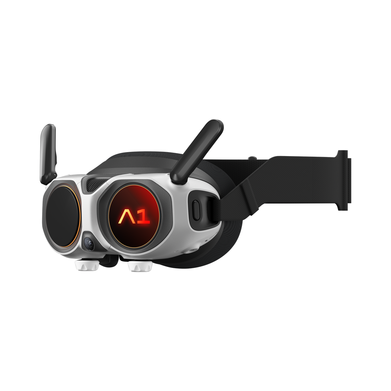 Eine weiß-schwarze VR-Brille mit zwei Antennen, einem Riemen und einem roten Display mit dem Text A1 TV. Schwarzer Hintergrund.