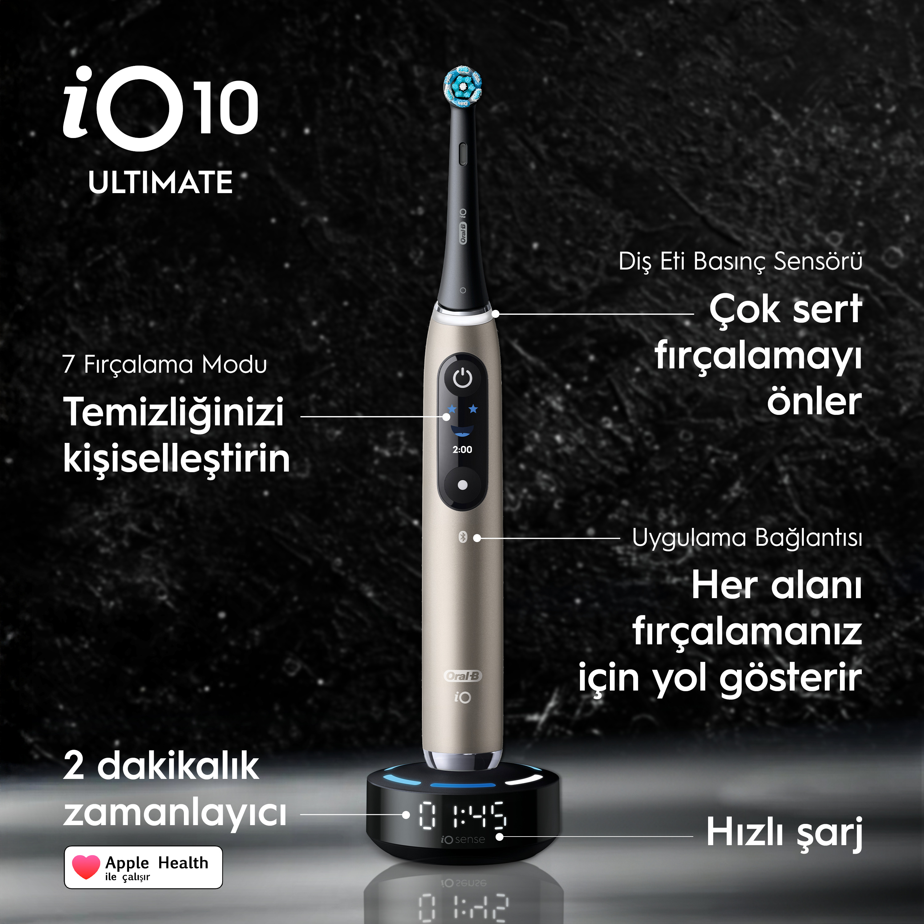 Şarj tabanına sahip elektrikli diş fırçası. Detaylar: iO10 Ultimate, 7 mod, 2 dakikalık zamanlayıcı, uygulama bağlantısı.