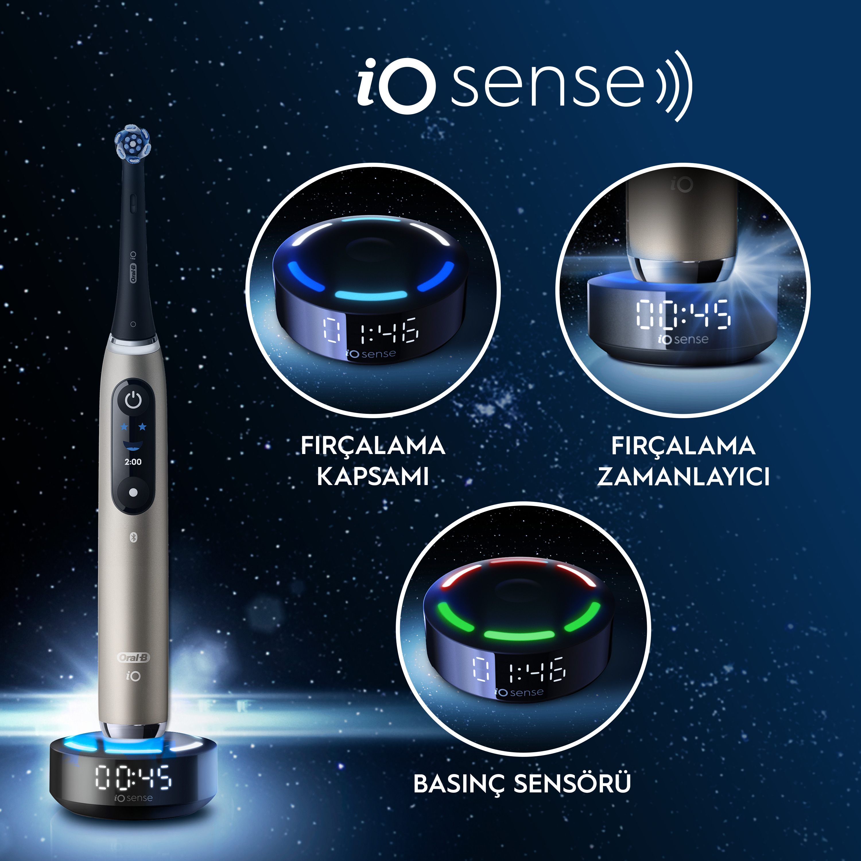 Elektrikli bir diş fırçası, zamanı ve kullanımı gösteren üç ekran ve 'io sense' ve 'Oral-B' kelimeleri.