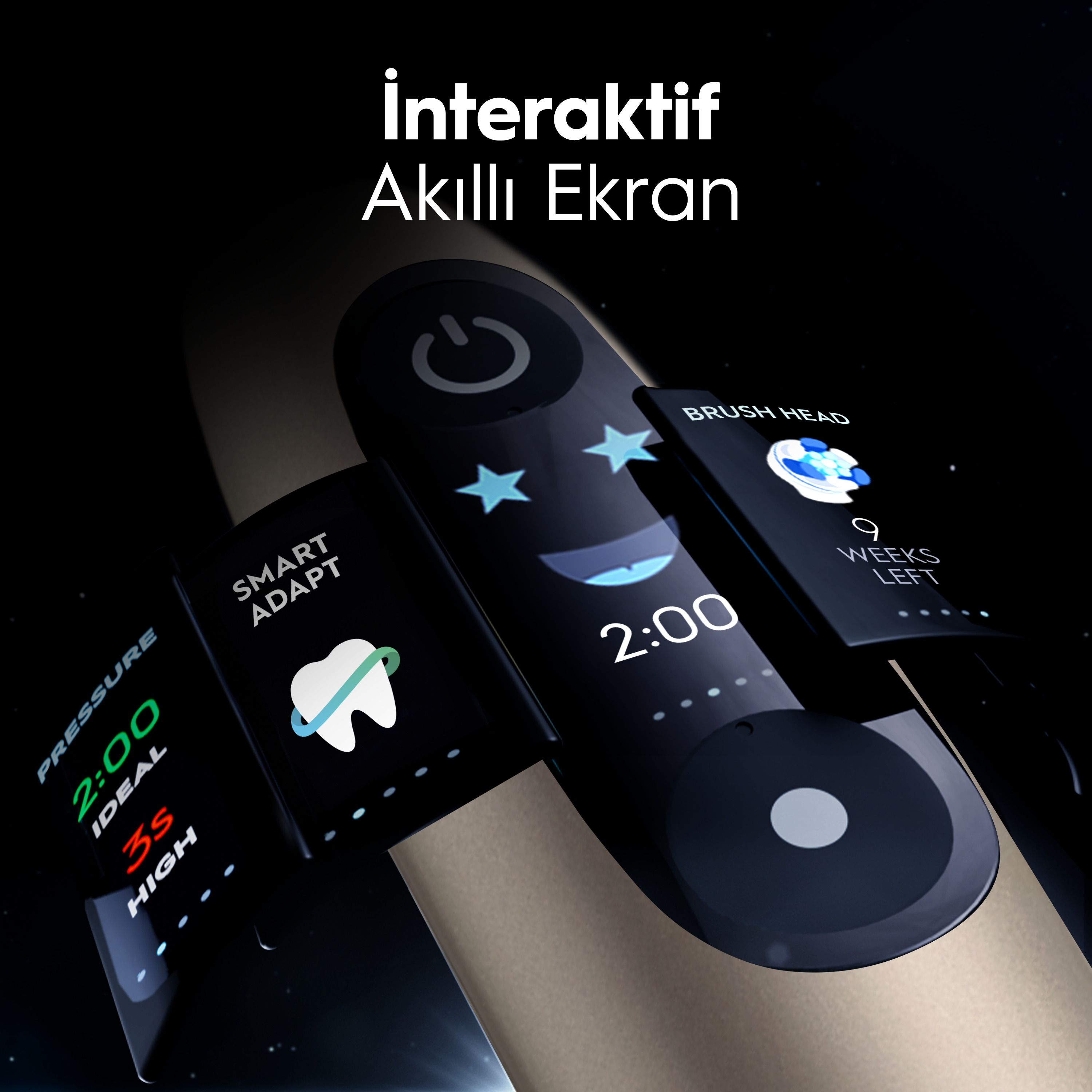 Ekranlı bir elektrikli diş fırçası. Zamanı, basıncı ve fırça başlığı detaylarını gösterir. Diş simgesi ve yıldızlar içerir.