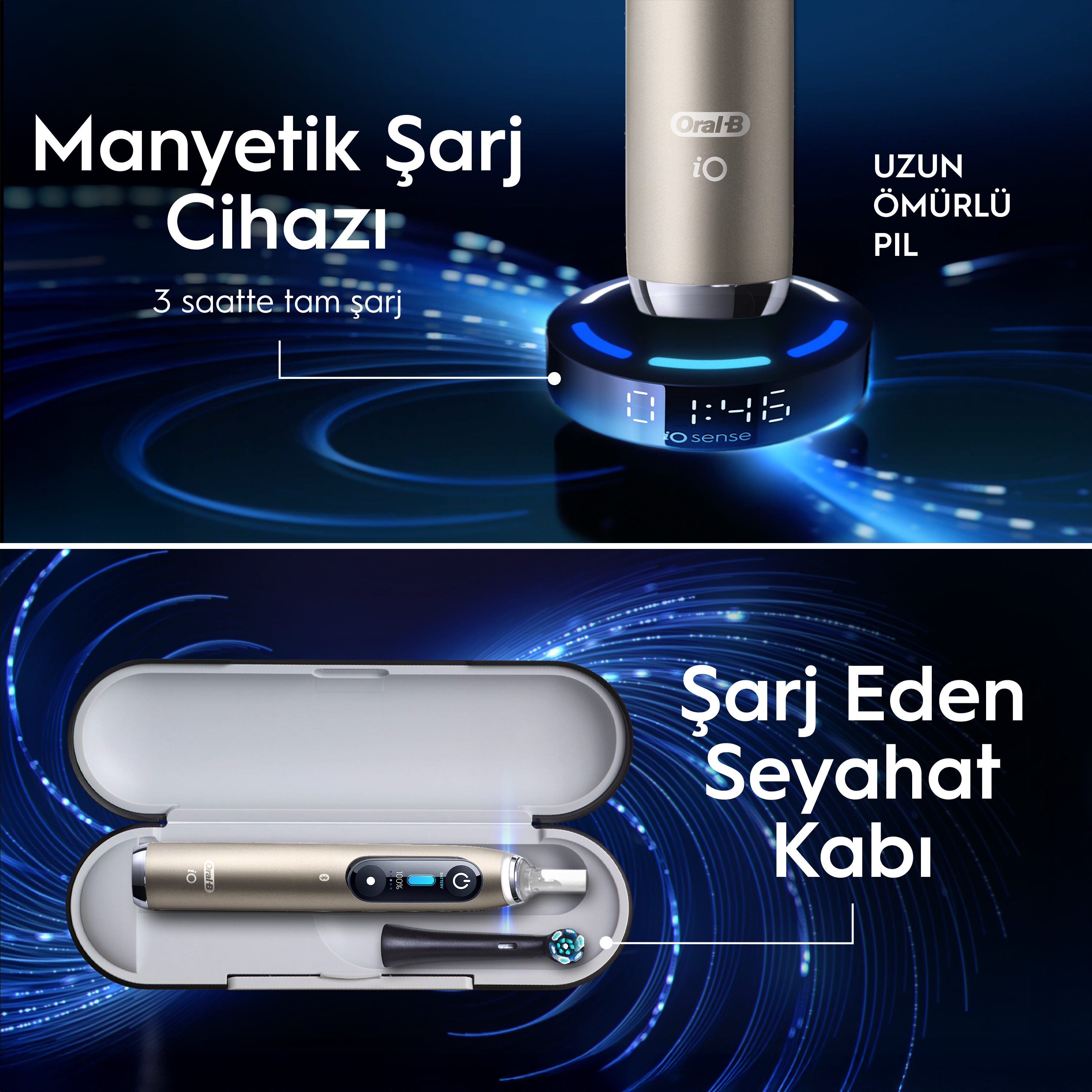 Şarj standı ve seyahat çantası üzerinde bir elektrikli diş fırçası. Metin: Manyetik Şarj Cihazı, 3 saatte tam şarj.