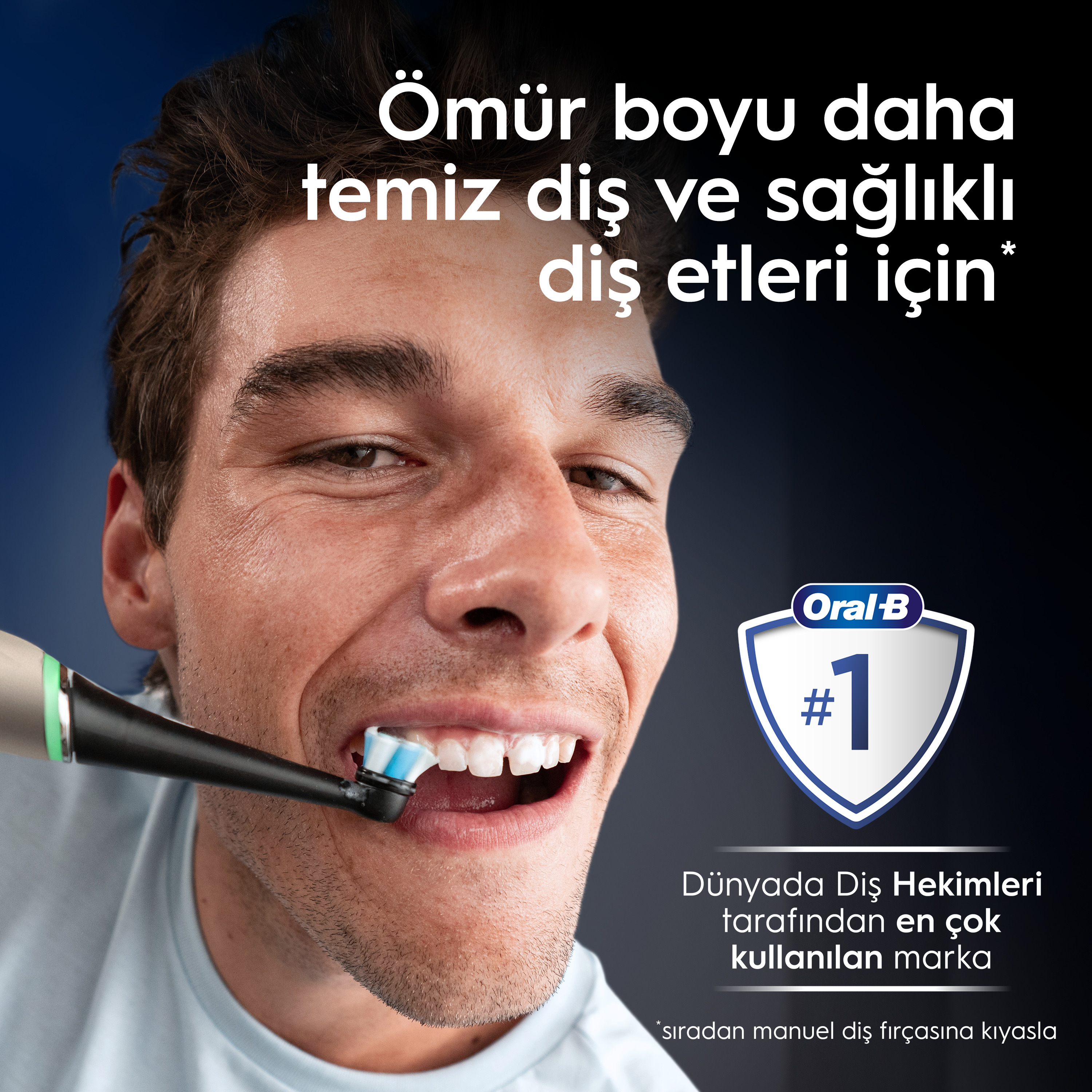Adam, Oral-B diş fırçasıyla dişlerini fırçalıyor. Metin şöyle diyor: daha sağlıklı dişler ve diş etleri.