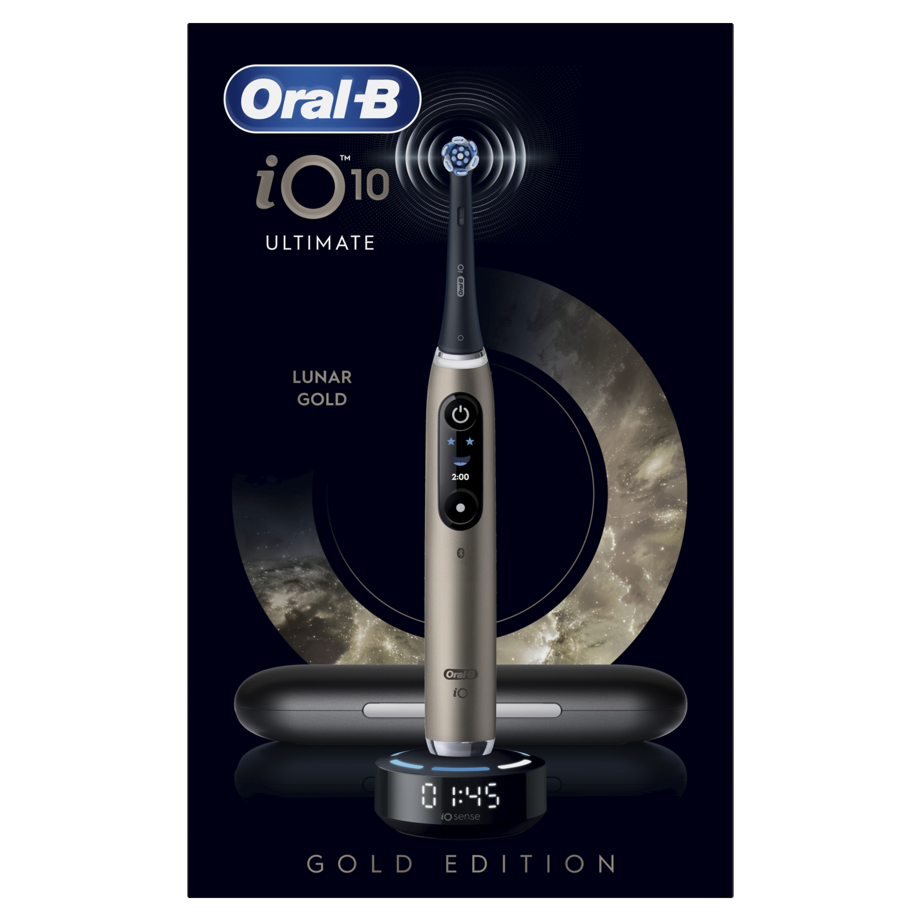 Siyah zemin üzerinde, şarj standı ve dijital ekranlı, Lunar Gold renkli bir Oral-B iO 10 elektrikli diş fırçası.