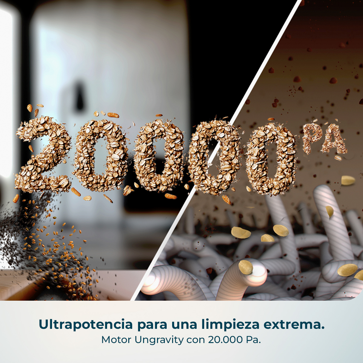Imagen muestra '20.000 PA' de avena. Avena esparcida. Debajo, un texto dice 'Ultrapotencia para una limpieza extrema'.