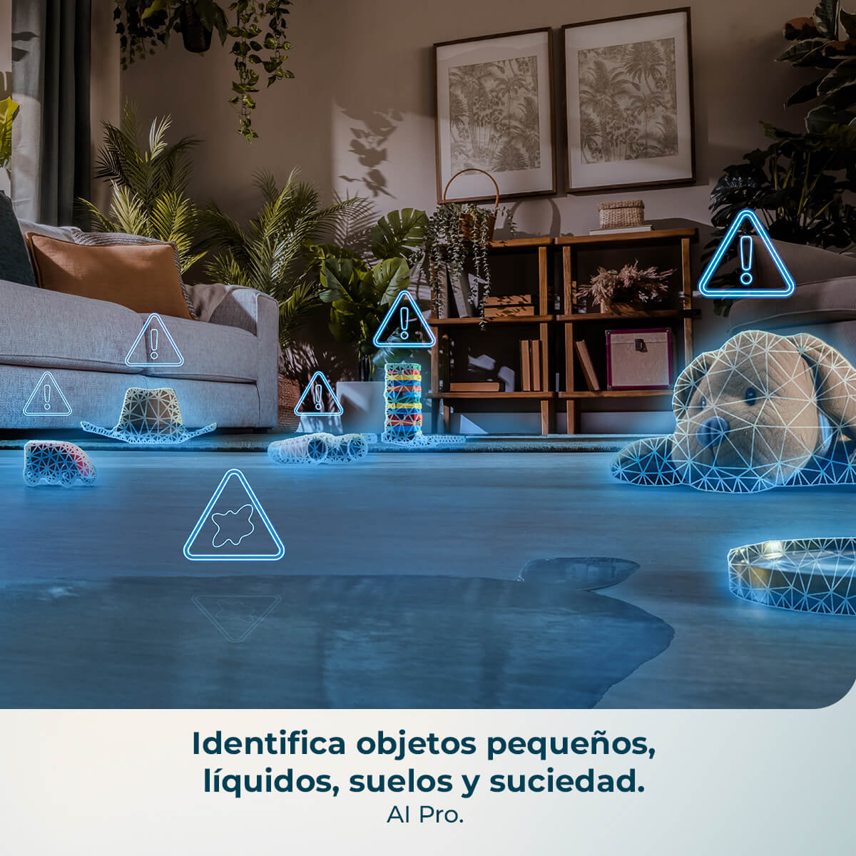 Salón con objetos y advertencias. Se destacan un oso de peluche, juguetes y líquidos. Texto: 'Identifica objetos pequeños, líquidos, suelos'.