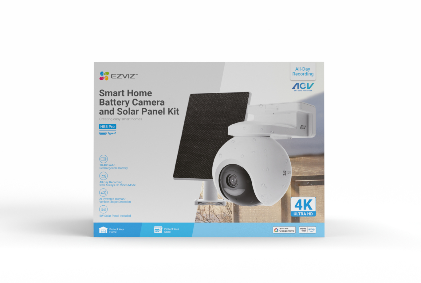 Das Bild zeigt eine weiße Smart-Home-Überwachungskamera mit einem Solarpanel-Kit. Es ist eine 4K-Ultra-HD-Kamera mit dem EZVIZ-Logo.