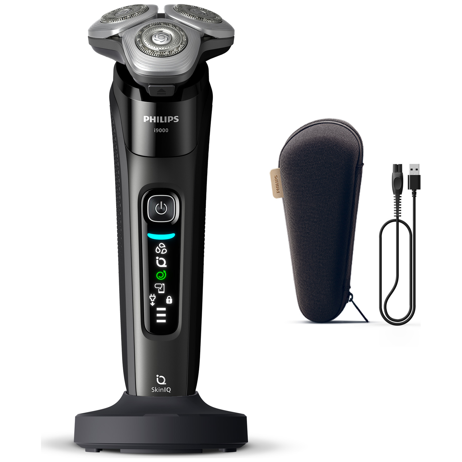 Black Philips shaver with three heads, power button, and SkinIQ logo. Includes a travel case and a USB charging cable.