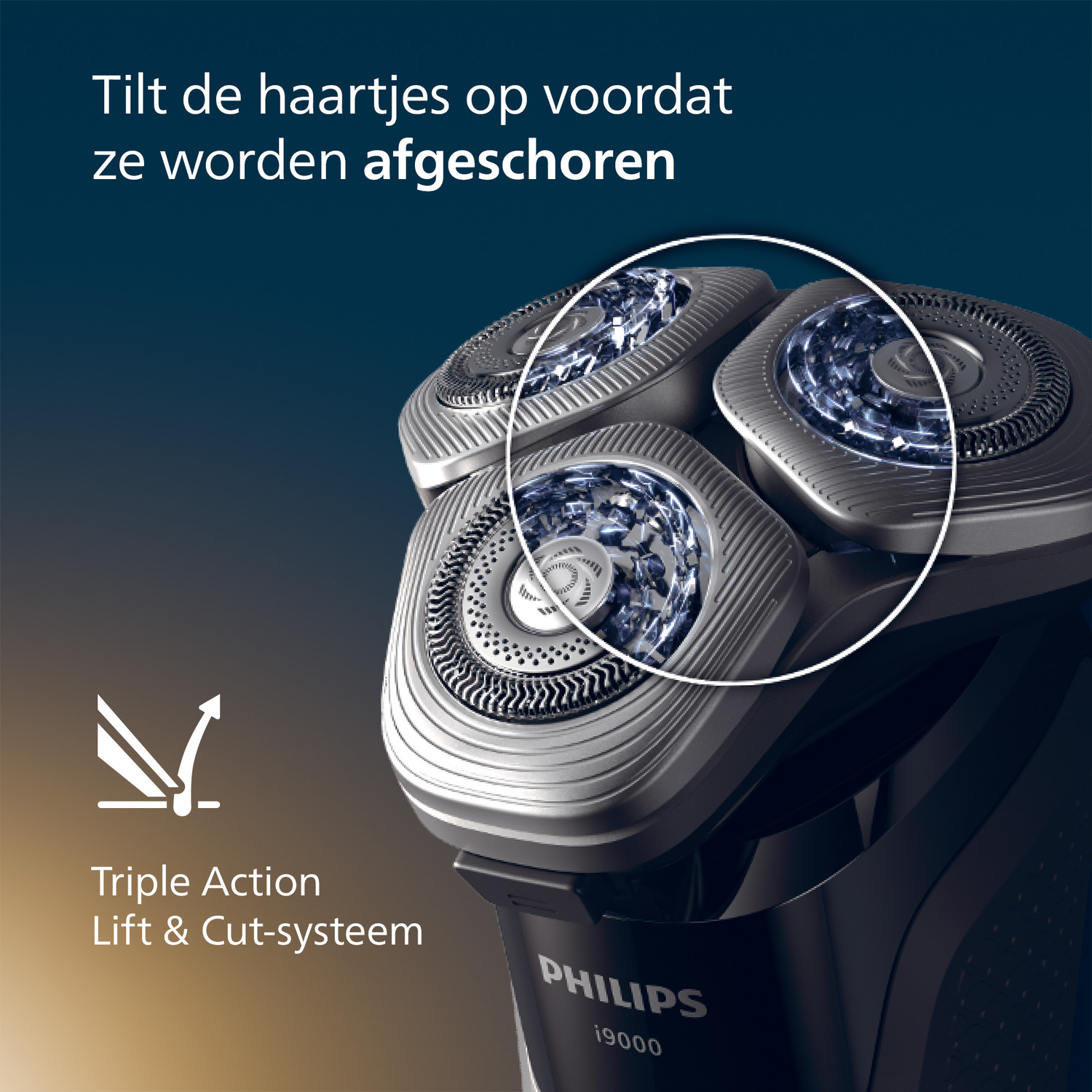 Close-up of a Philips electric shaver, highlighting its triple-action lift and cut system. The text says 'Lift the hairs before they are cut'.