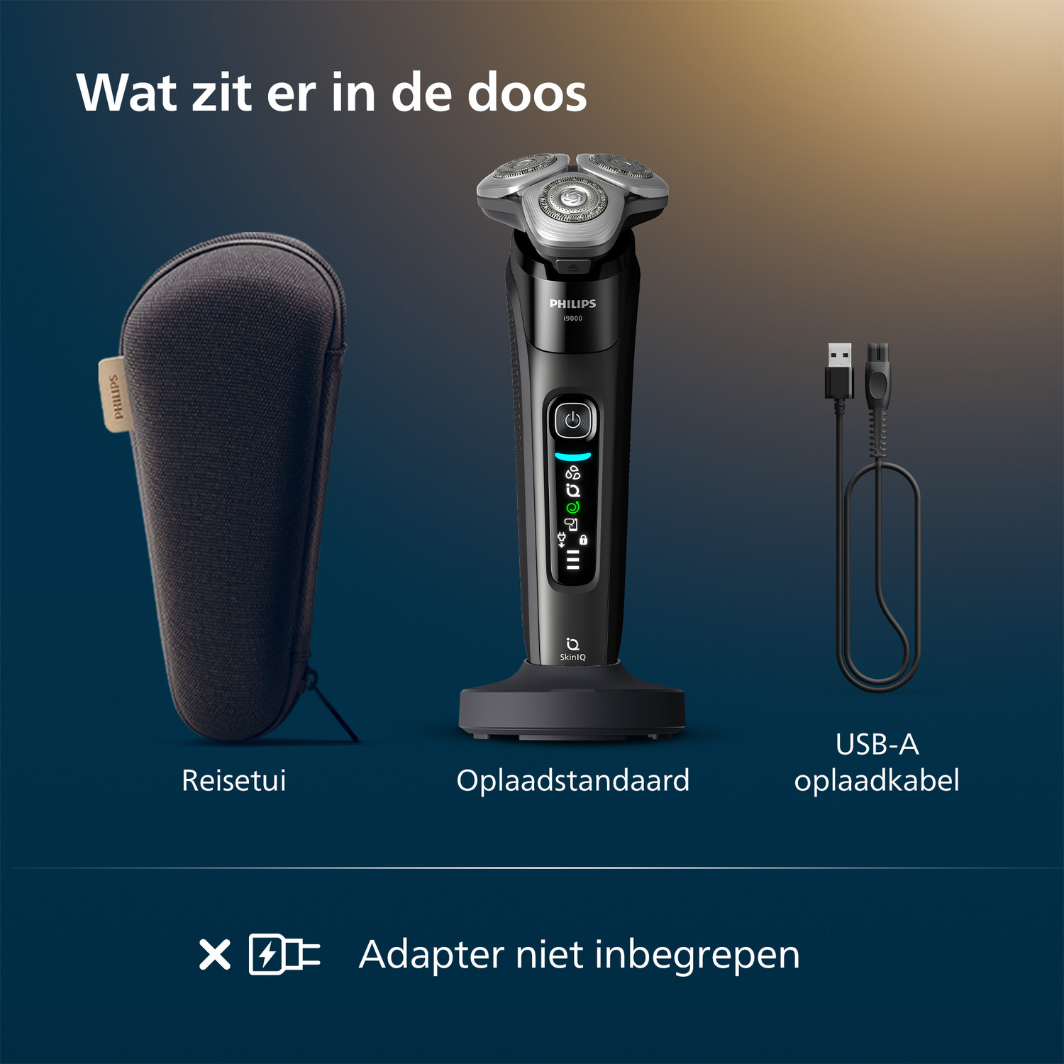 Image shows a Philips shaver, travel case, charging stand, and USB-A charging cable. The adapter is not included.