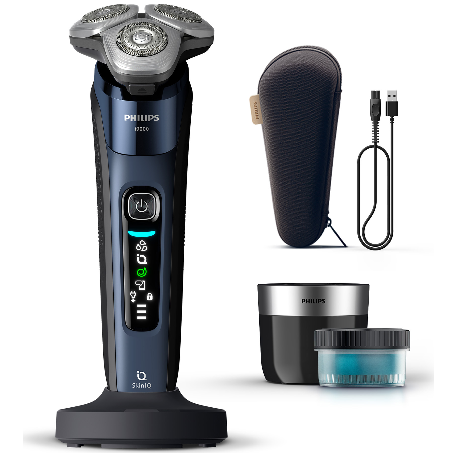 Een Philips elektrisch scheerapparaat met accessoires: etui, oplaadstation en reinigingspatroon. Het scheerapparaat is donkerblauw en zilver.