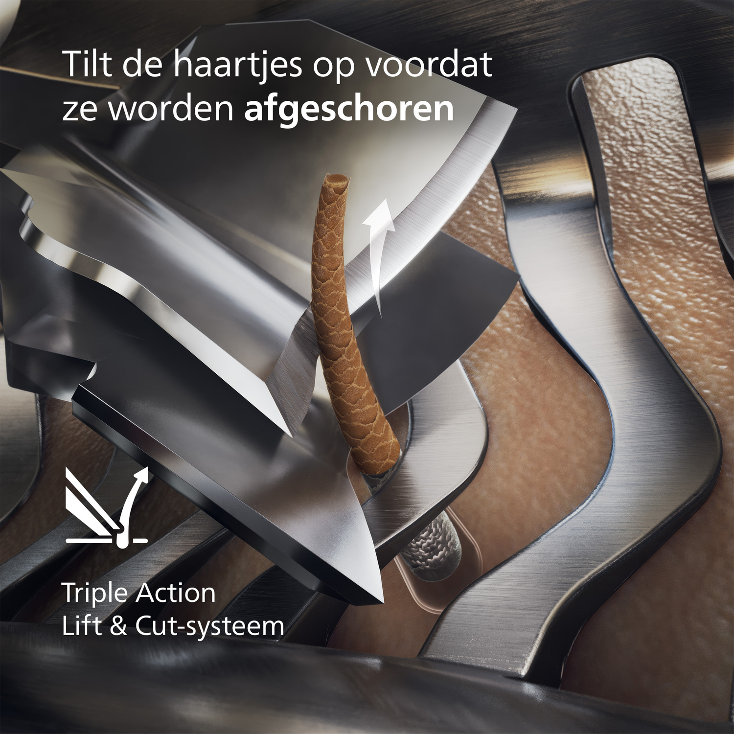 Close-up van een scheerapparaat dat haar optilt met mesjes. De afbeelding toont het Triple Action Lift & Cut-systeem, met pijlen.