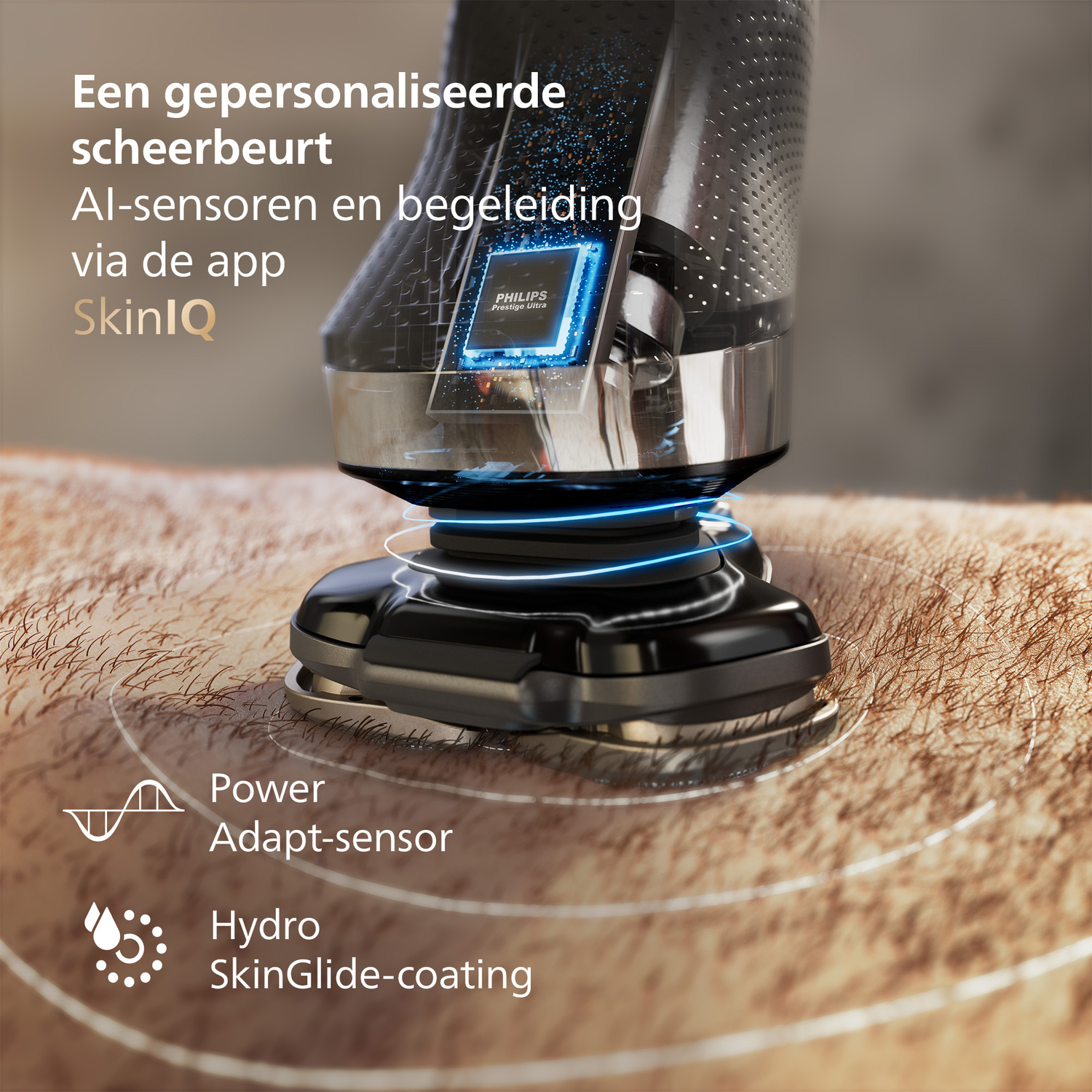 Elektrisch scheerapparaat op de huid. Tekst: AI-sensoren, SkinIQ, Power Adapt-sensor, Hydro SkinGlide-coating. Philips Prestige Ultra.