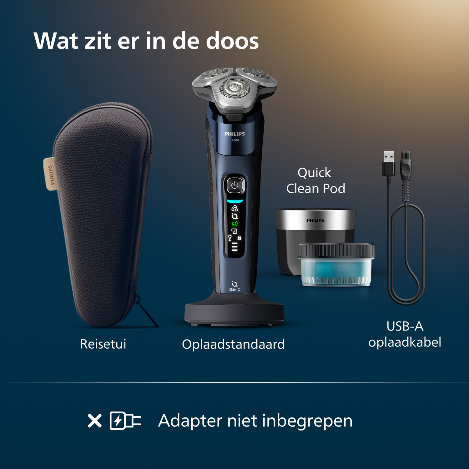 Afbeelding toont een Philips scheerapparaat, etui, oplaadstandaard en USB-kabel. Tekst zegt 'Wat zit er in de doos?' en 'Adapter niet inbegrepen'.