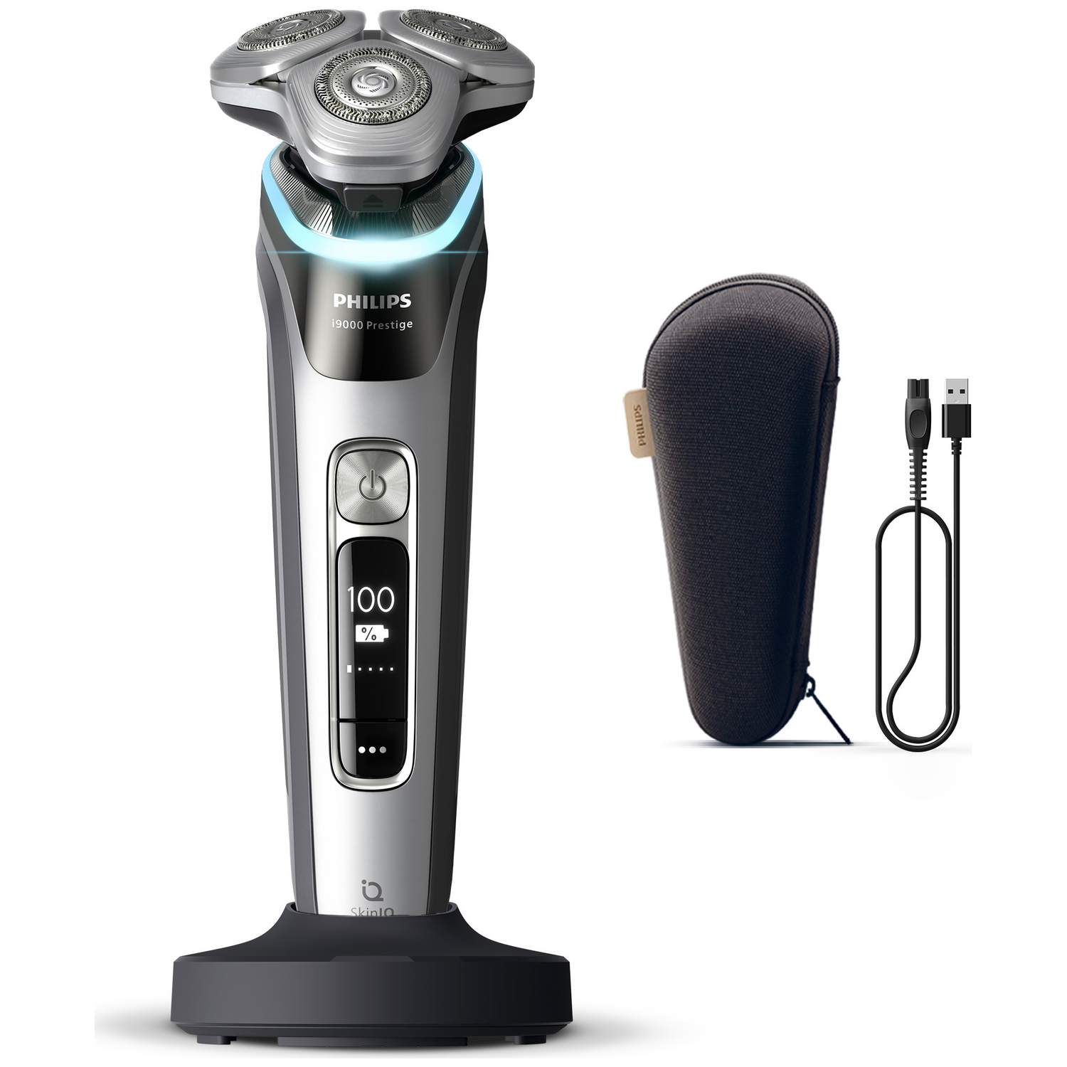 A Philips shaver with a charging stand, case, and cable. The shaver is silver and black, showing 100% battery. Case is dark gray.