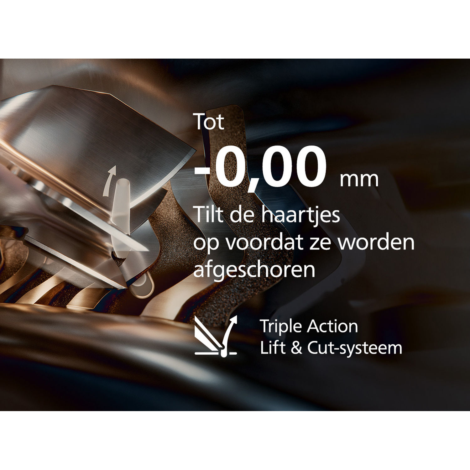 Image shows a close-up of a shaver head with text: -0,00 mm, Tilt hair before cutting, Triple Action Lift & Cut system.