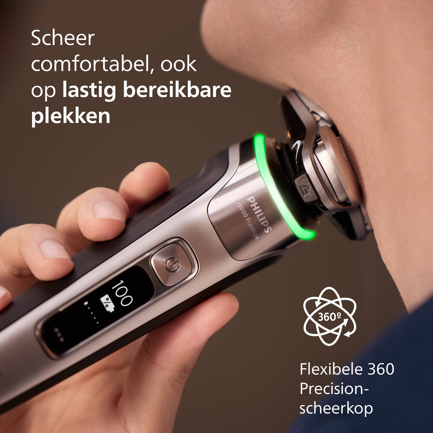 A person shaves their neck with a Philips electric shaver. The shaver has a digital display showing 100%. The shaver is silver and black.