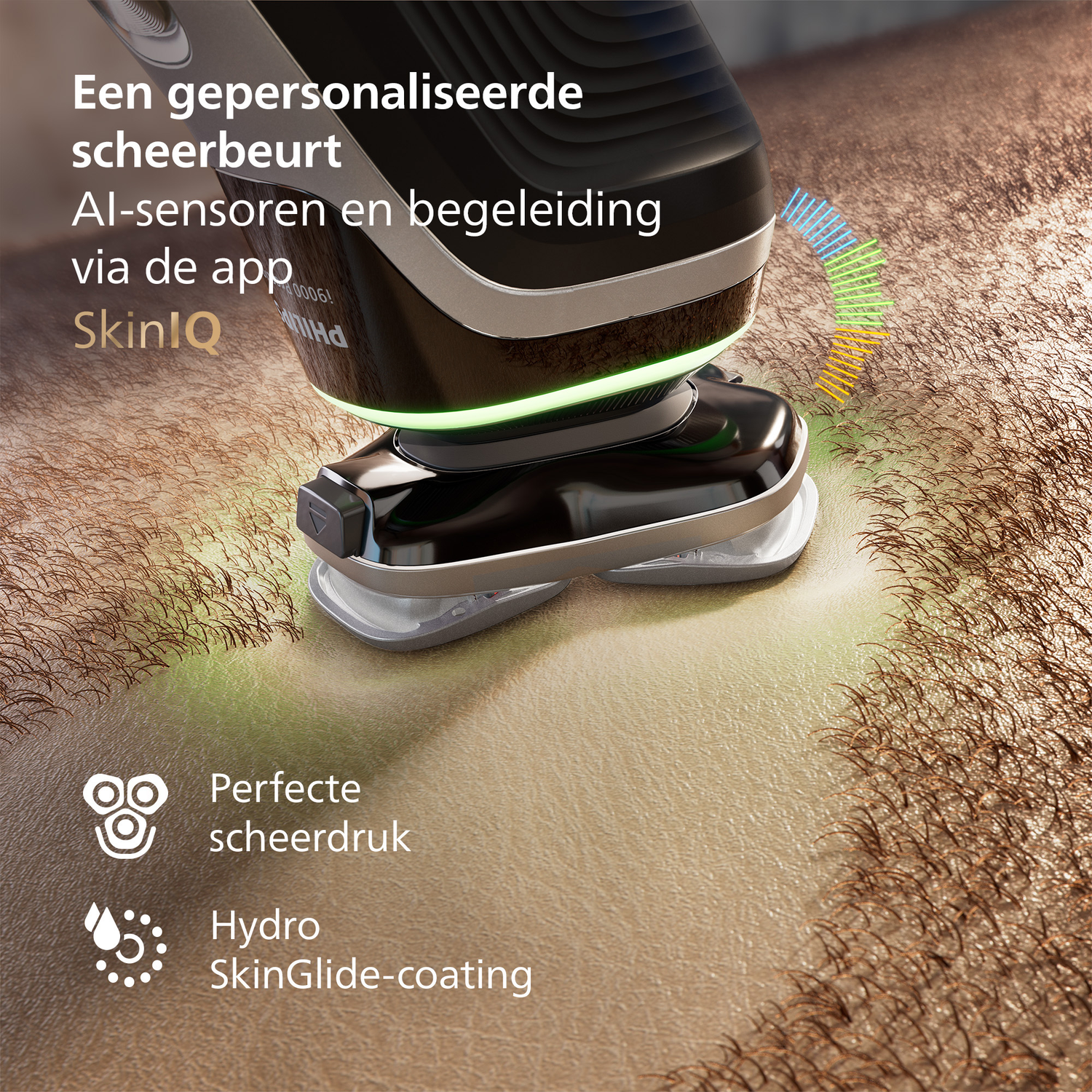 Electric shaver shaving skin. The shaver is black and silver. Text mentions 'SkinIQ' and 'Hydro SkinGlide-coating'.