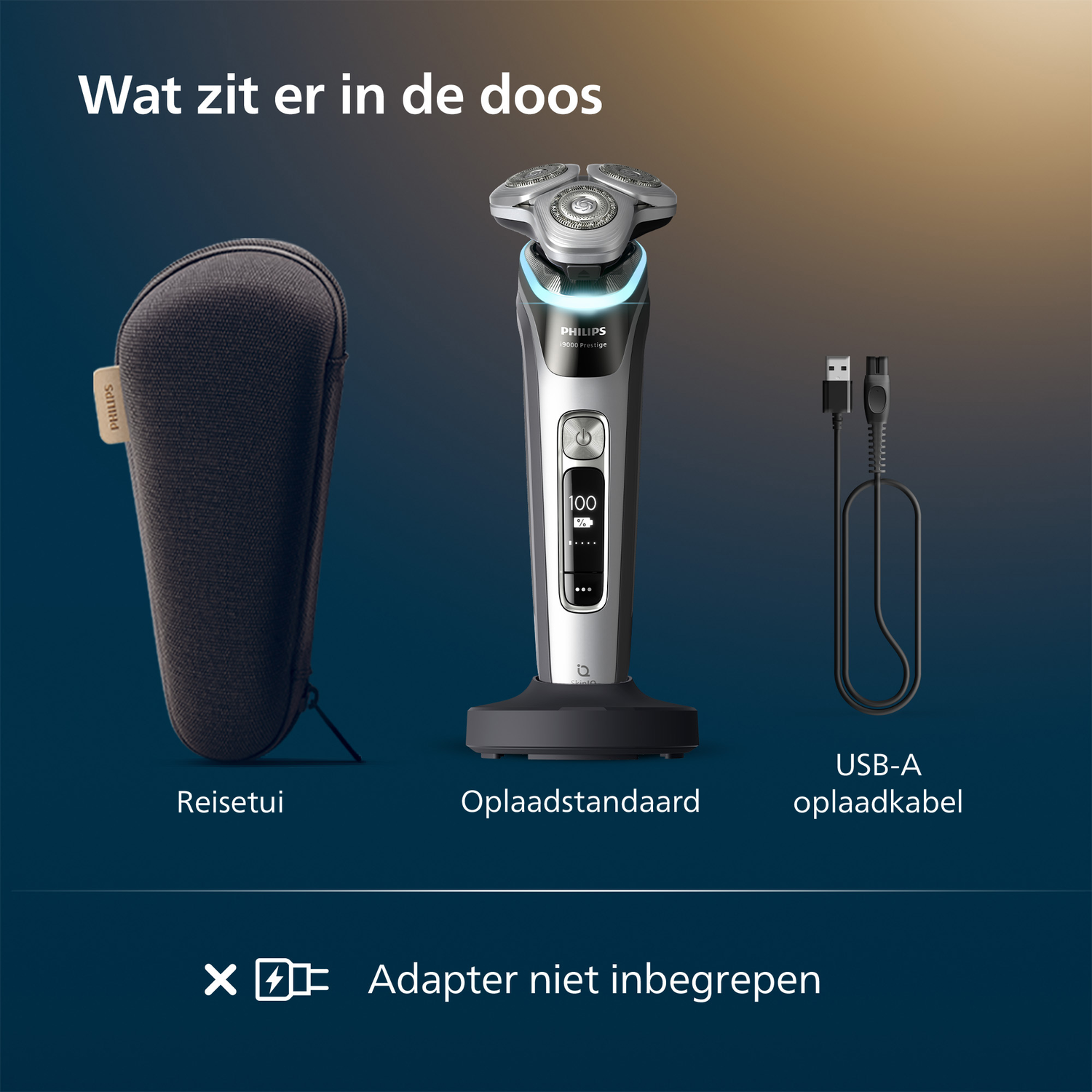 Image shows a Philips shaver, charging stand, case, and USB-A cable on a blue-gradient background. Text: Adapter not included.