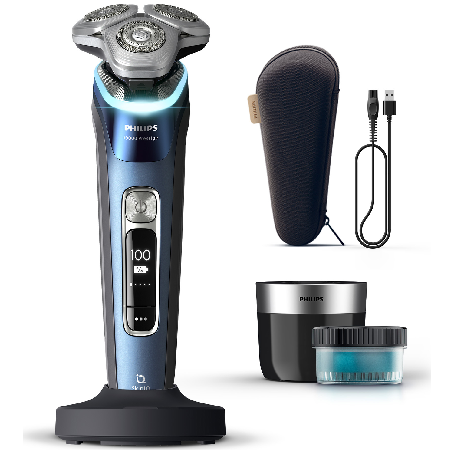 Philips shaver set. Includes shaver, charging base, travel case, cleaning system, and USB cable. Shaver is blue and silver.