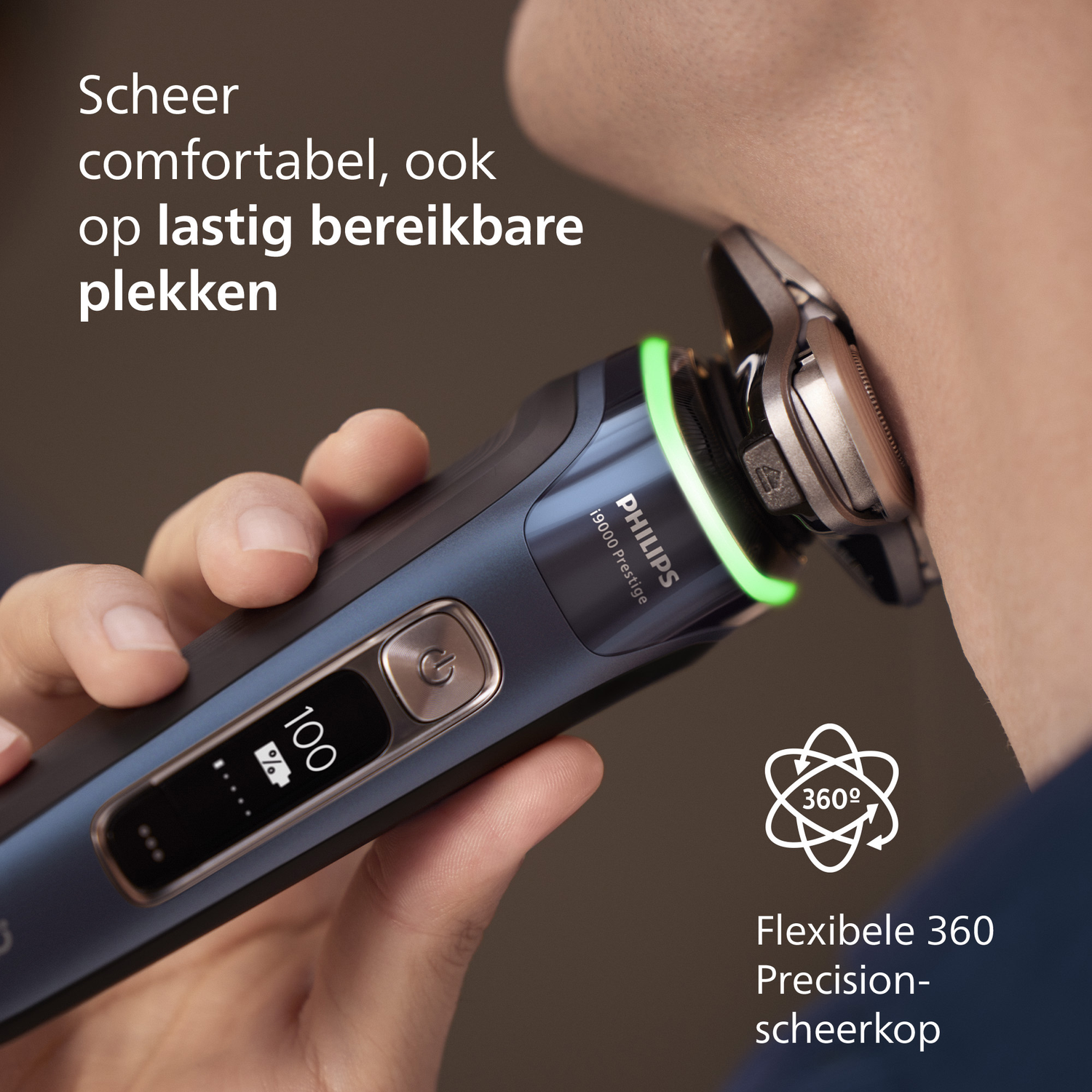 A person shaves their neck with a Philips electric shaver. The shaver is blue and silver. Text promotes comfortable shaving.