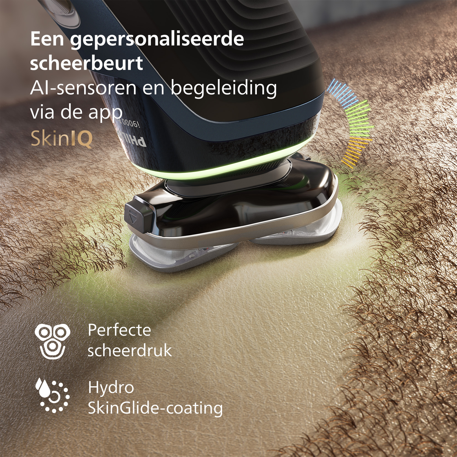 Electric shaver on skin. Text: personalized shave, AI sensors, app guidance, SkinIQ, perfect pressure, Hydro SkinGlide coating.
