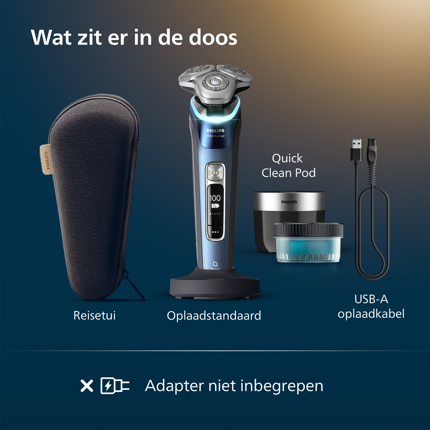 Image shows a Philips shaver, travel case, charging stand, Quick Clean Pod, and USB-A charging cable. Adapter is not included.