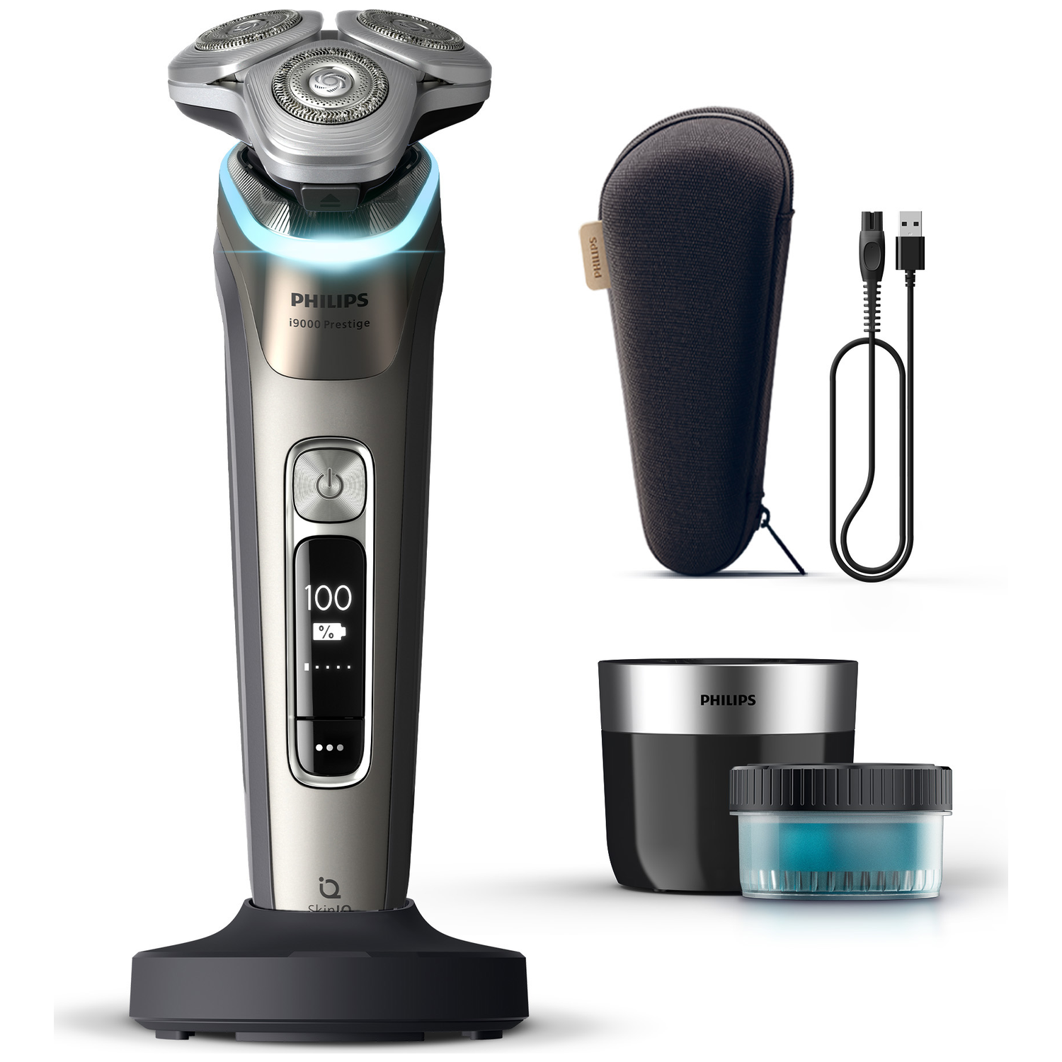 Philips shaver with accessories: case, charging base, USB cable, and cleaning container. Display shows battery level.