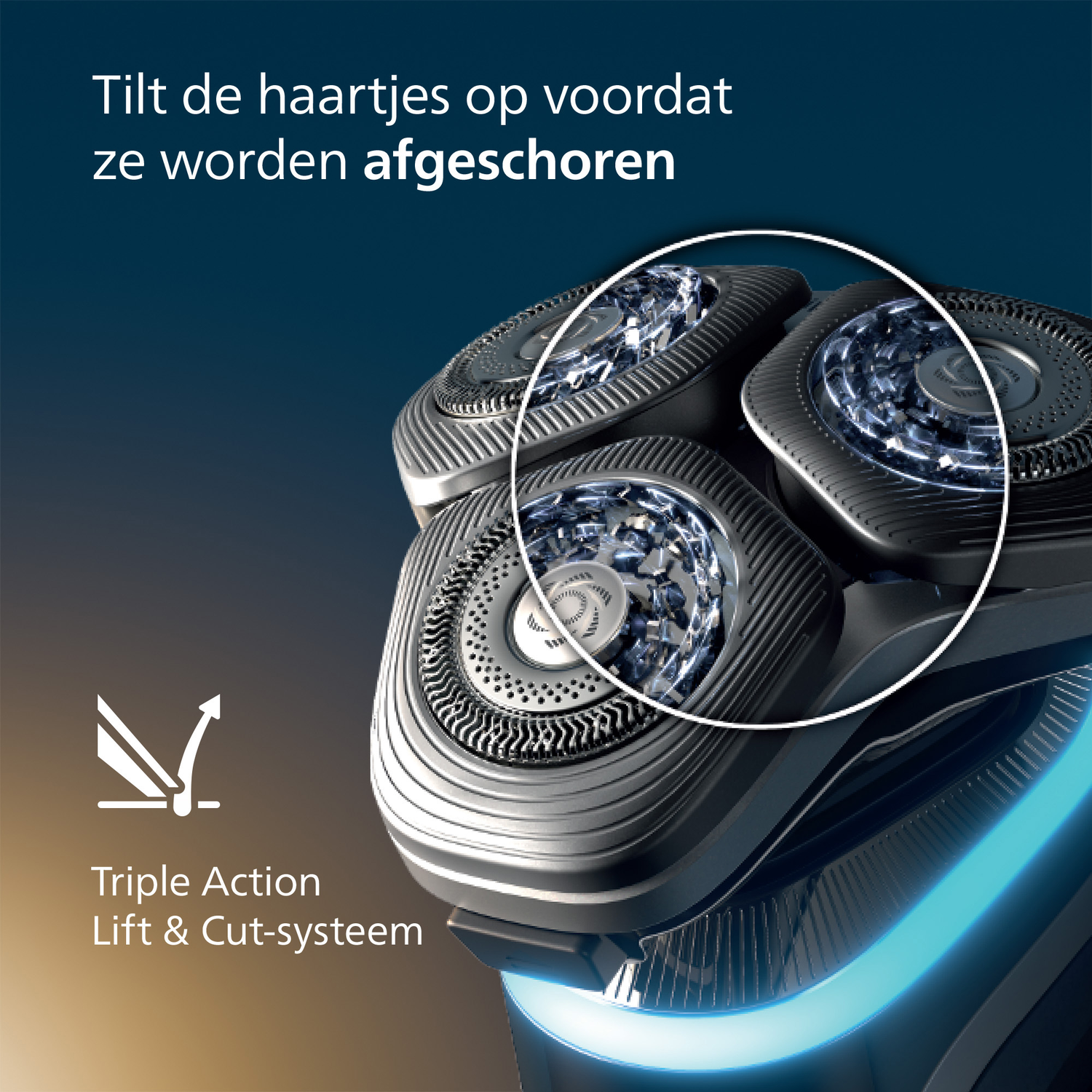 Close-up of a shaver head with three rotating blades. A white circle highlights the blades. Text says 'Triple Action Lift & Cut'.