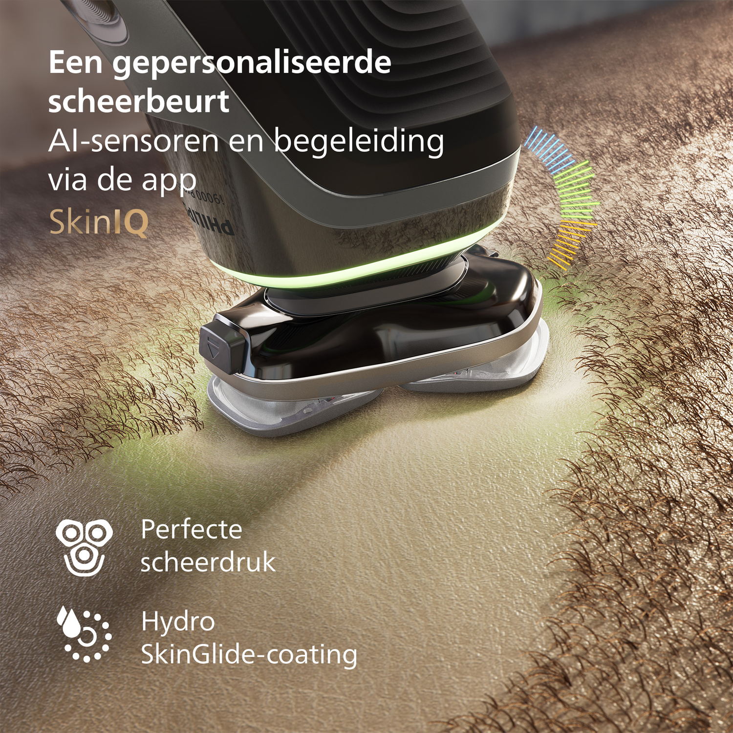 Electric shaver on skin, green light, close-up, text: personalized shave, AI sensors, app guidance, SkinIQ, perfect pressure, Hydro SkinGlide.