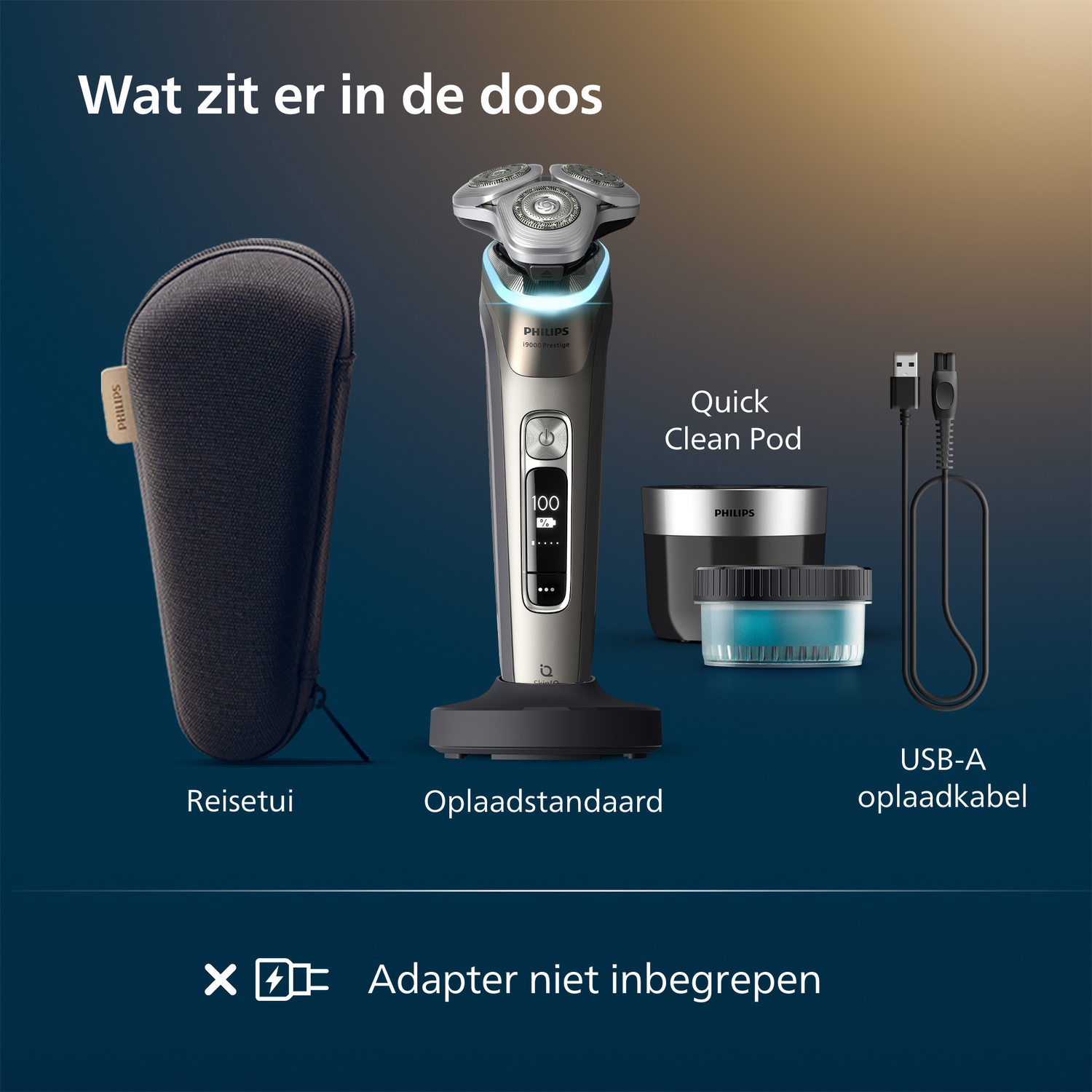 Image shows a Philips shaver, travel case, charging stand, Quick Clean Pod, and USB-A charging cable. Adapter not included. Text labels are present.