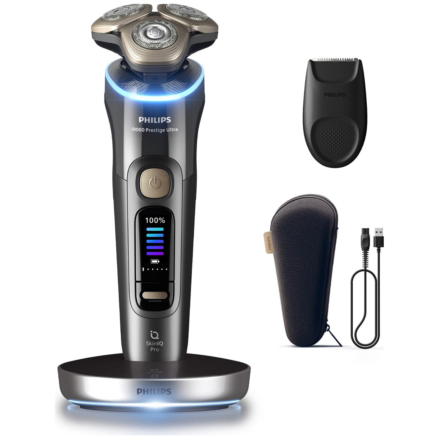 Philips shaver set. Includes shaver, trimmer, charging stand, travel case, and USB cable. Shaver is black and silver.