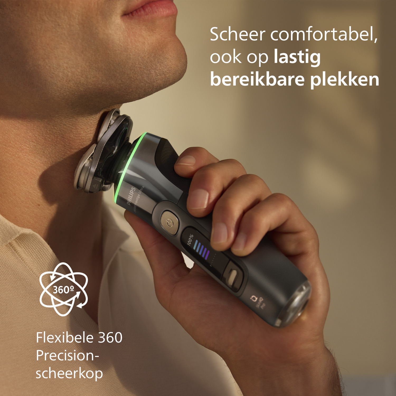 A man shaves his neck with an electric shaver. The shaver is gray and black. Text: 'Flexible 360 Precision-scheerkop'.