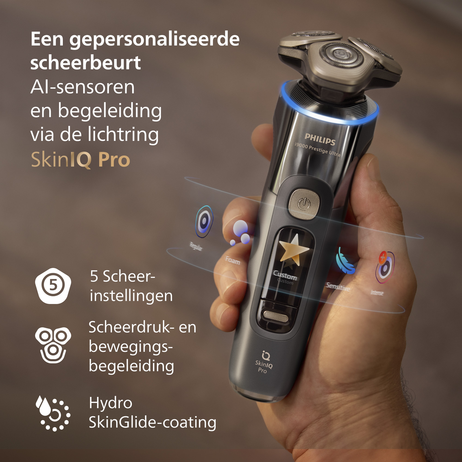 A hand holds a Philips shaver. Features include settings, sensors, and a SkinIQ Pro label. The shaver is gray and silver.