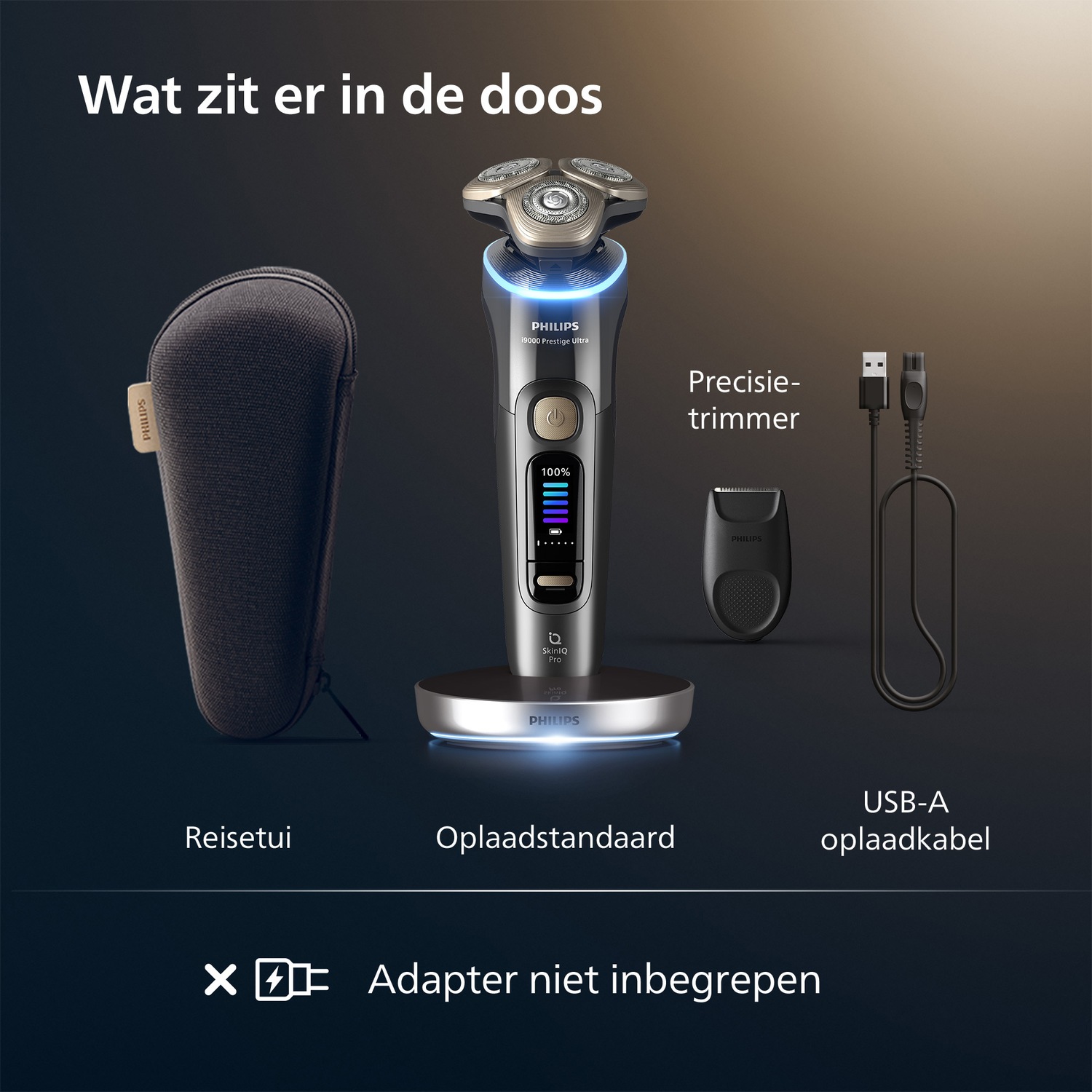 The image shows a Philips shaver, travel case, charging stand, precision trimmer, and USB-A charging cable. Adapter not included.