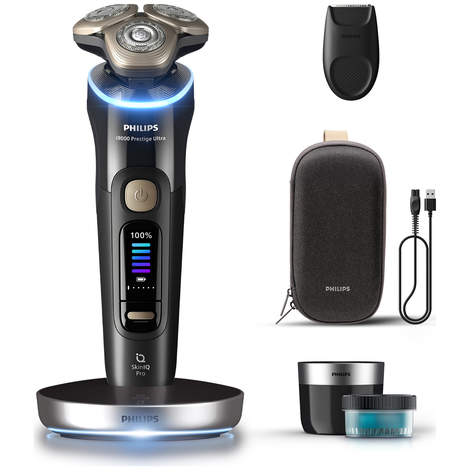 Philips shaver set. Includes shaver, trimmer, charging stand, case, charging cable, and cleaning container. Black and silver.