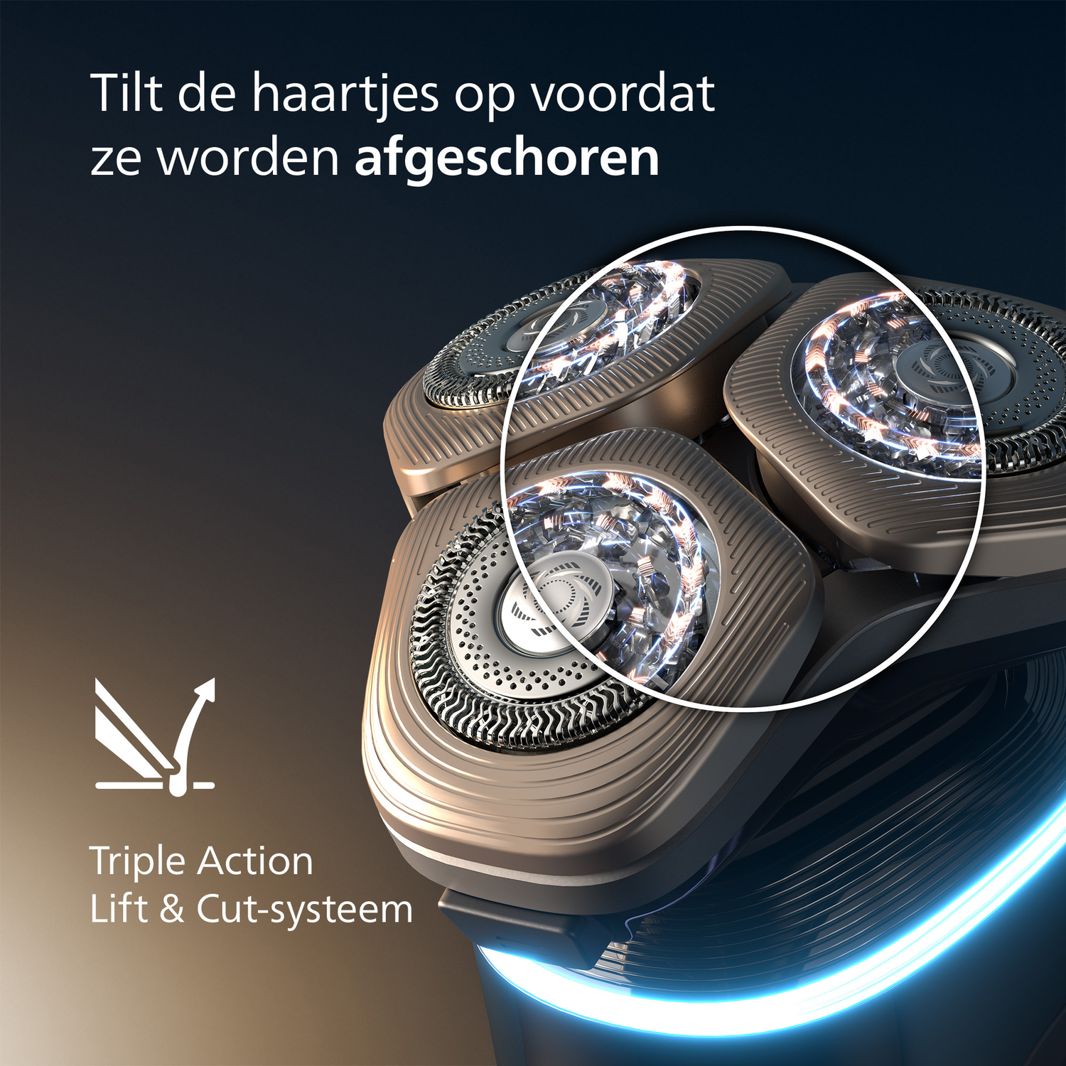 Close-up of a shaver head with three rotating blades. The image highlights the lifting and cutting system with text.