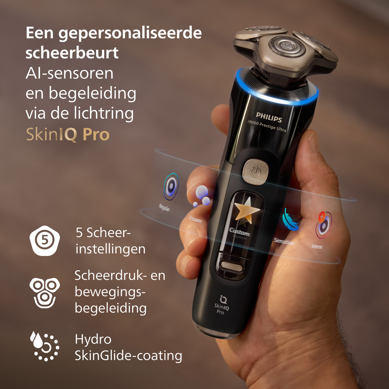 A black Philips shaver is held by a hand. It has a blue light ring and several icons for settings. Text: SkinIQ Pro, 5 settings.