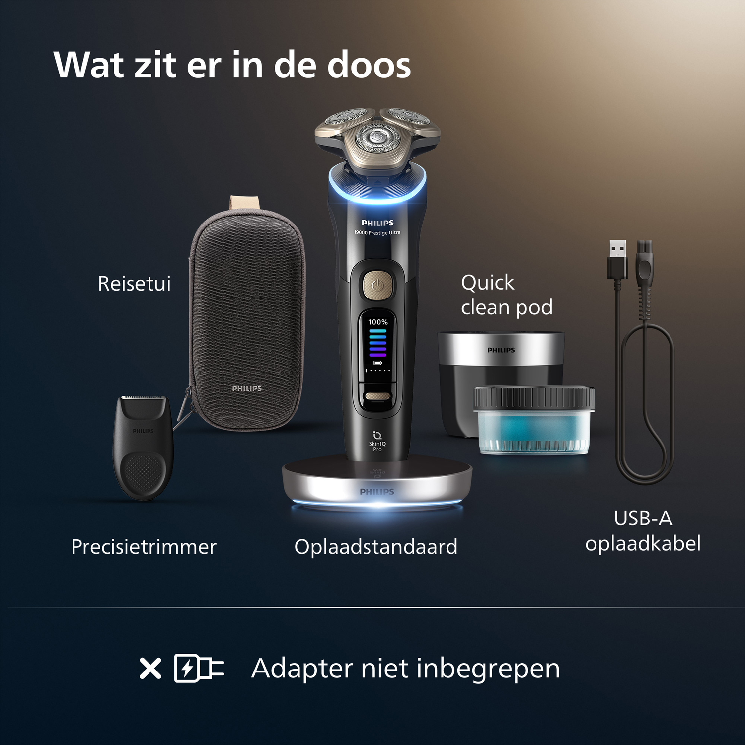 Philips shaver with accessories: travel case, precision trimmer, charging stand, quick clean pod, and USB-A charging cable. Adapter not included.