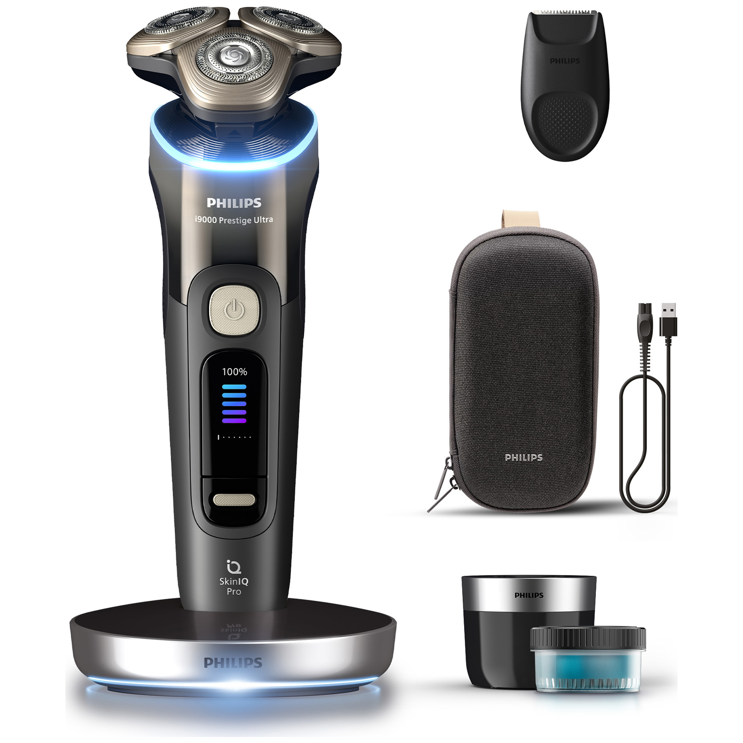 Philips shaver set. Includes shaver, trimmer, charging stand, case, charging cable, and cleaning container. Black and silver.