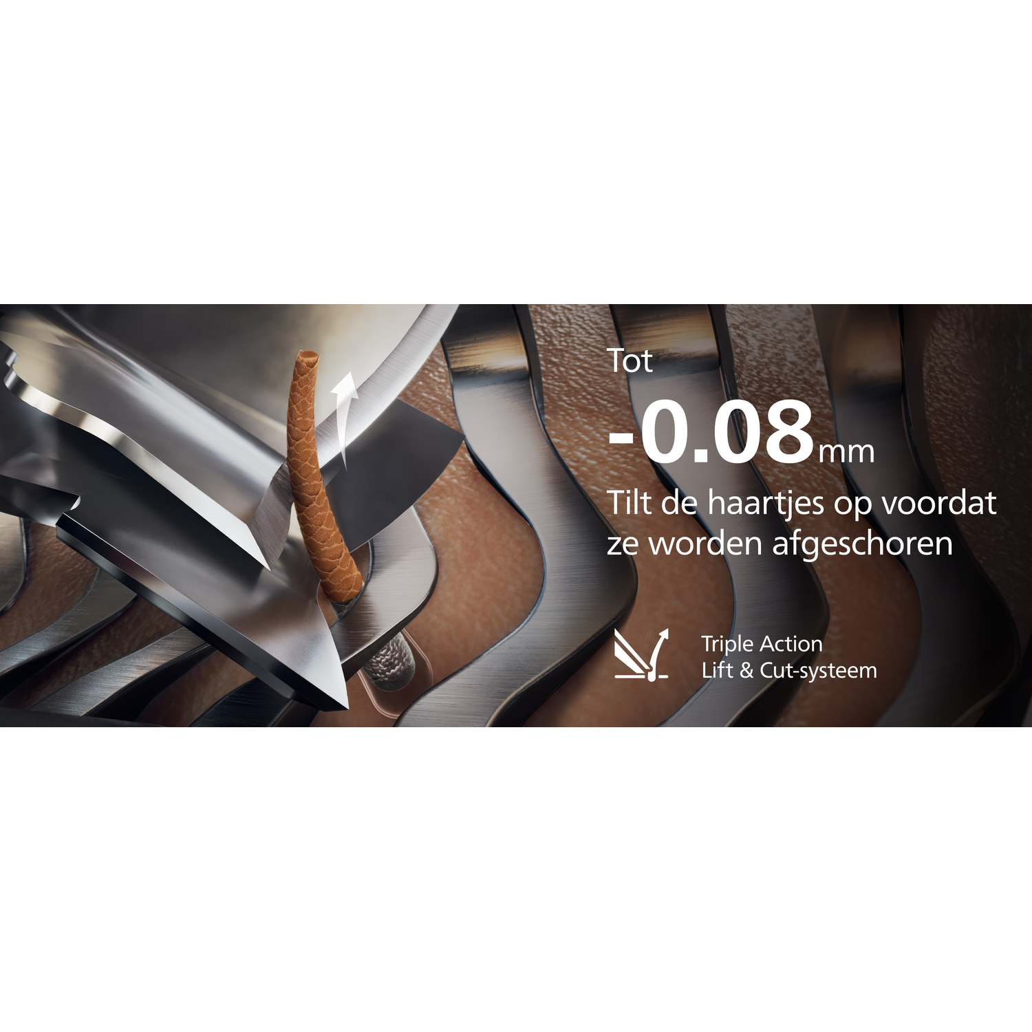 Close-up of a shaver blade lifting a hair. Text indicates -0.08mm, Triple Action Lift & Cut system.