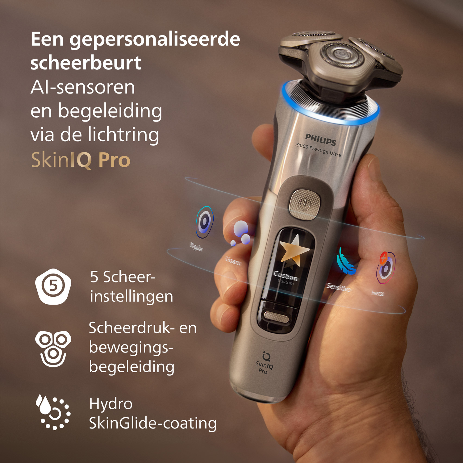 A Philips electric shaver is held in hand. Features include AI sensors, light ring, 5 settings, pressure guidance, and Hydro SkinGlide coating.