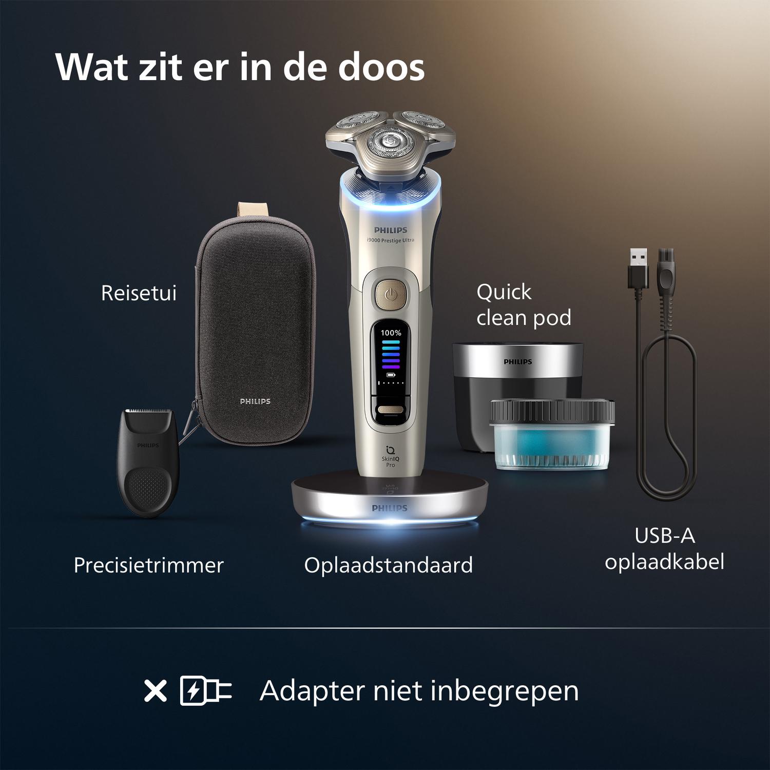 Philips shaver set: shaver, charger, trimmer, travel case, cleaning pod, and USB cable. Adapter not included, all on a dark background.