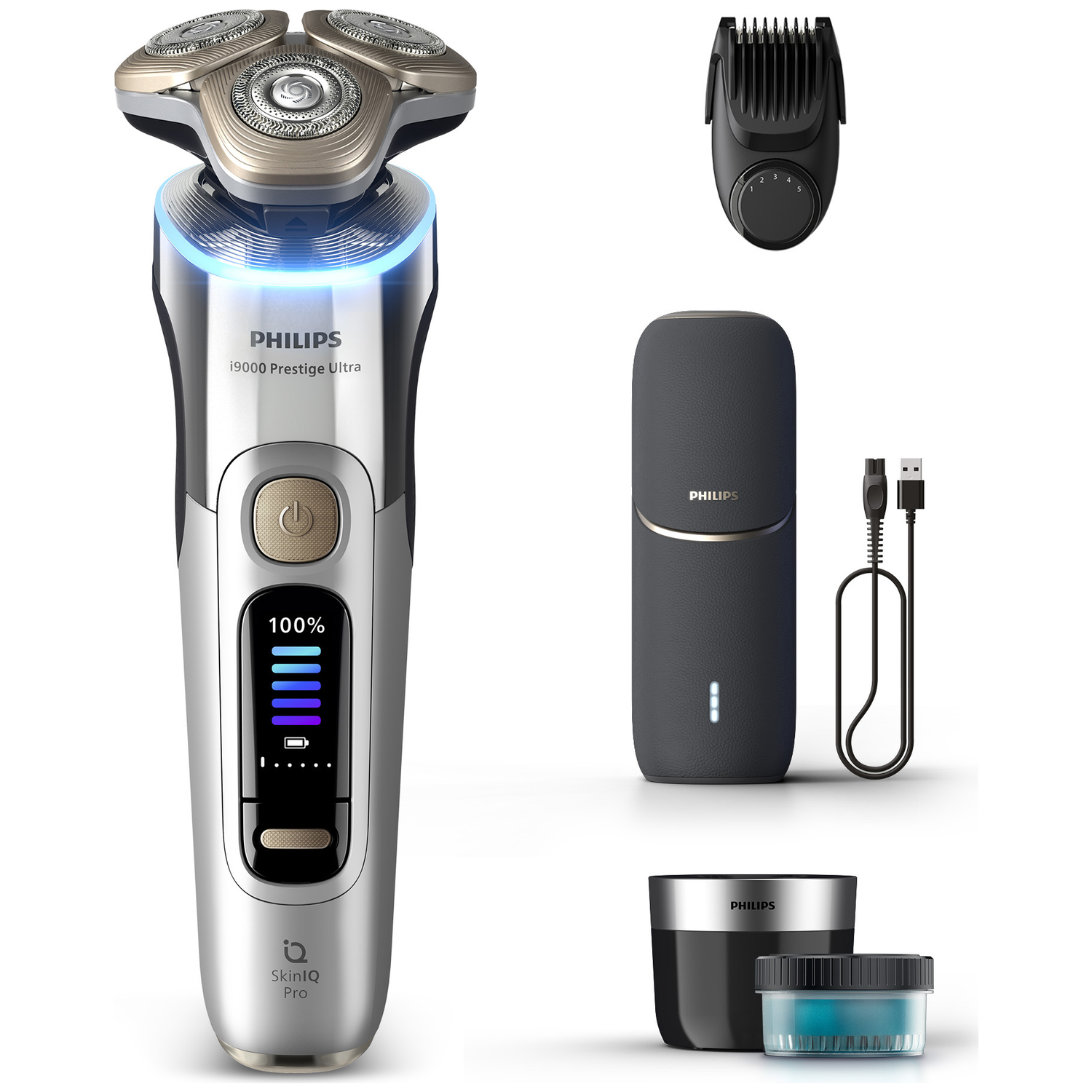Philips elektrisch scheerapparaatset. Inclusief scheerapparaat, trimmer, oplaadetui, oplaadstandaard en huidverzorgingsproduct.