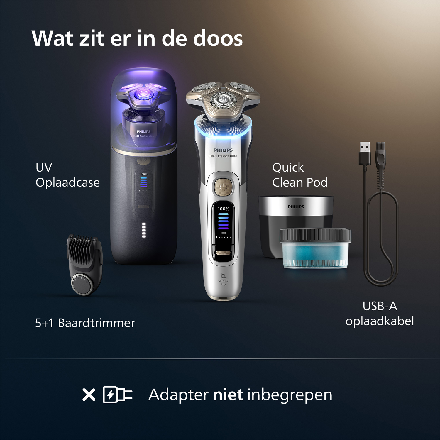 Afbeelding toont Philips scheerapparaat, UV-case, trimmer, reinigingspod en USB-kabel. Tekst zegt 'Wat zit er in de doos' en 'Adapter niet inbegrepen'.