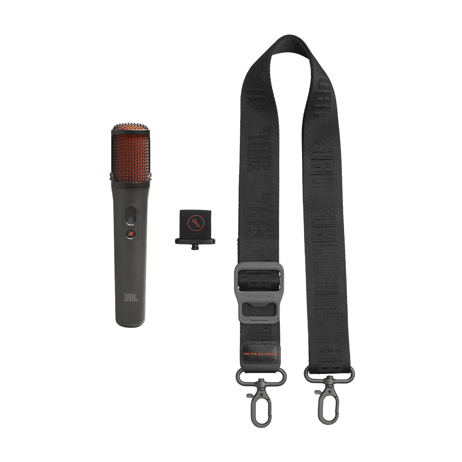 A black JBL microphone, strap, and mounting piece are on a white background. The microphone is orange and black.