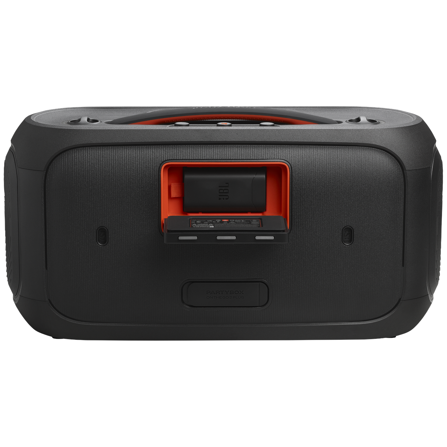 Black JBL Partybox speaker with orange accents and a handle. An open compartment reveals ports and the JBL logo.
